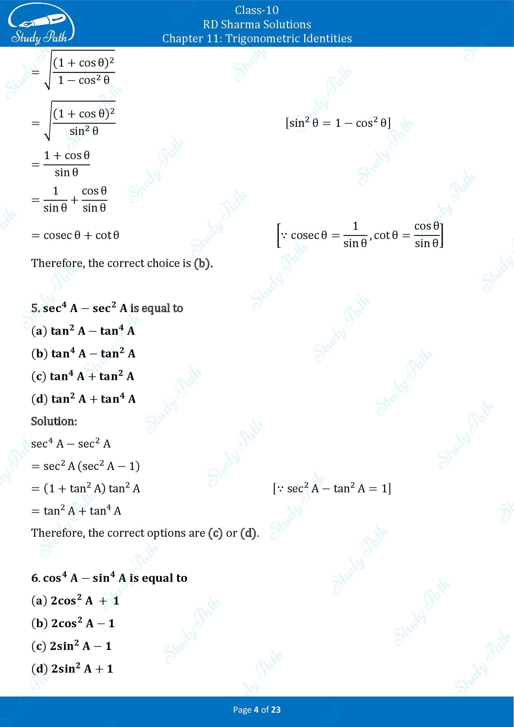 RD Sharma Solutions Class 10 Chapter 11 Trigonometric Identities Multiple Choice Questions MCQs 00004