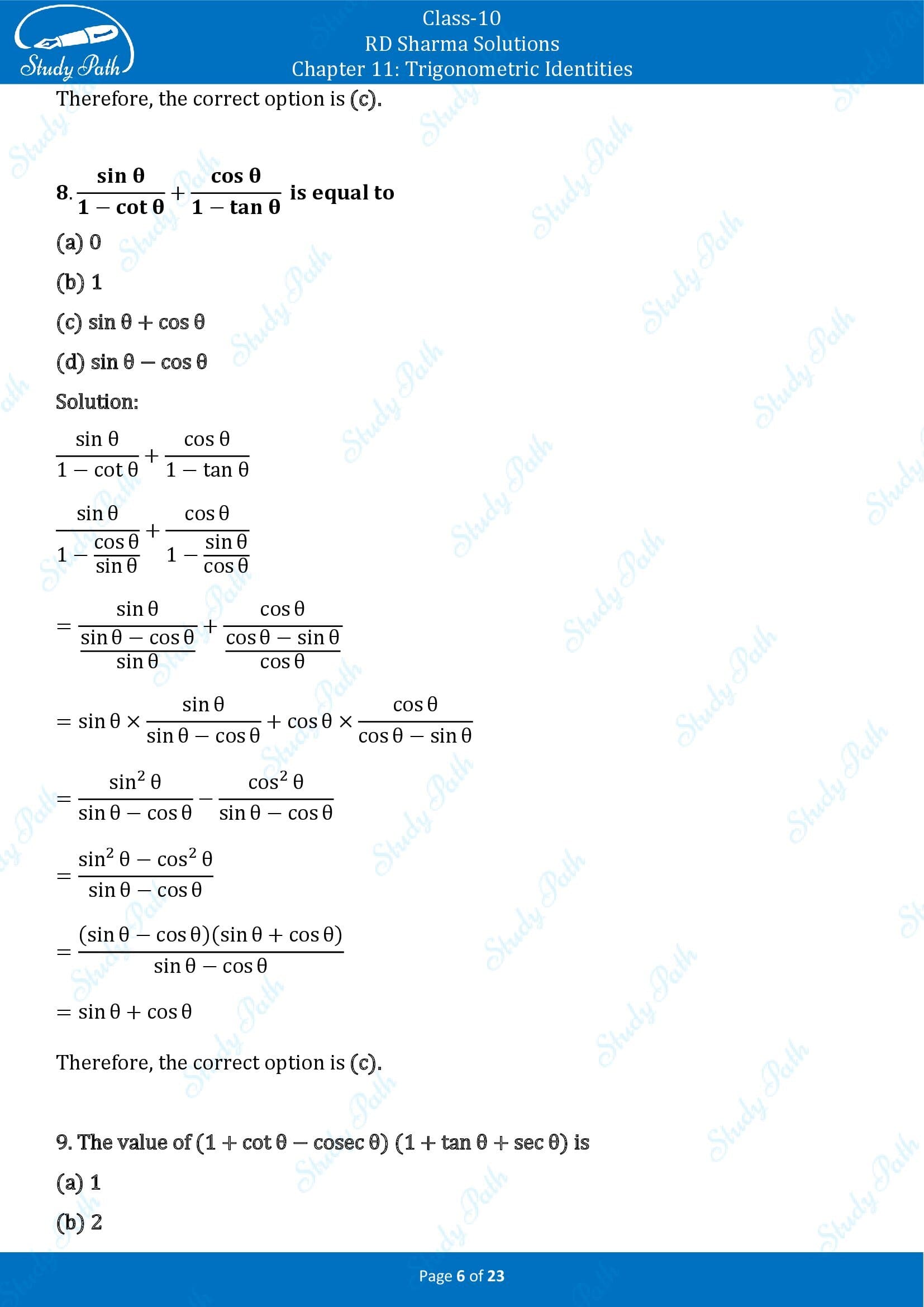 RD Sharma Solutions Class 10 Chapter 11 Trigonometric Identities Multiple Choice Questions MCQs 00006