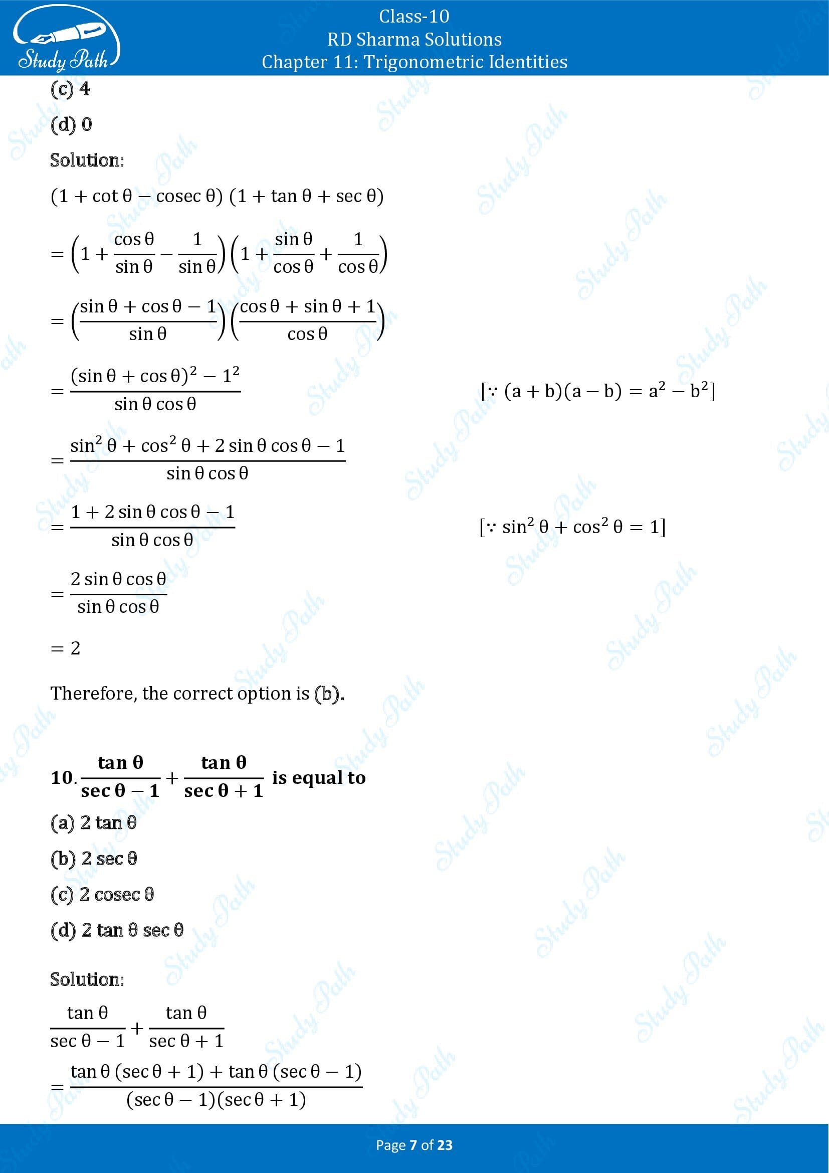 RD Sharma Solutions Class 10 Chapter 11 Trigonometric Identities Multiple Choice Questions MCQs 00007