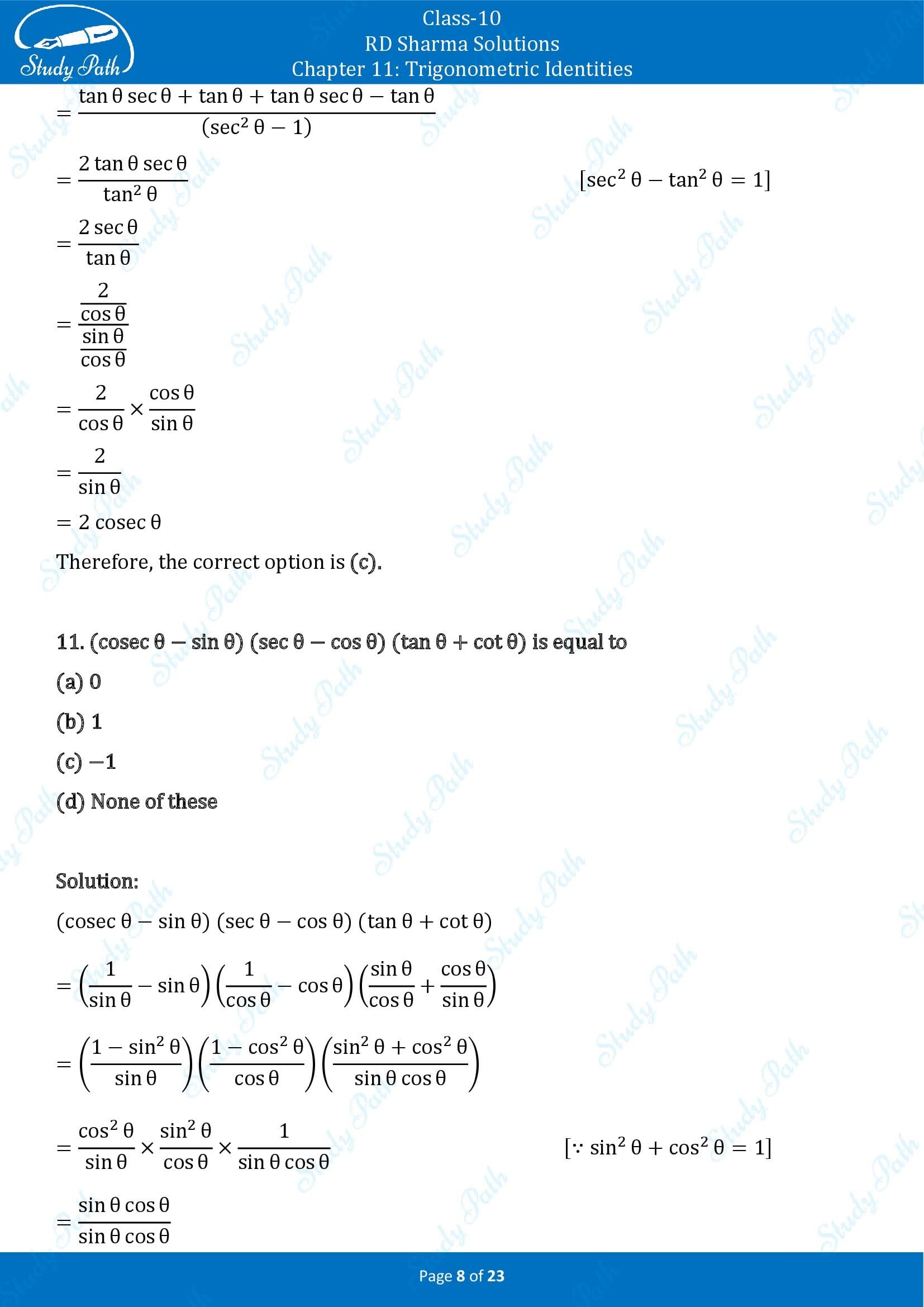 RD Sharma Solutions Class 10 Chapter 11 Trigonometric Identities Multiple Choice Questions MCQs 00008