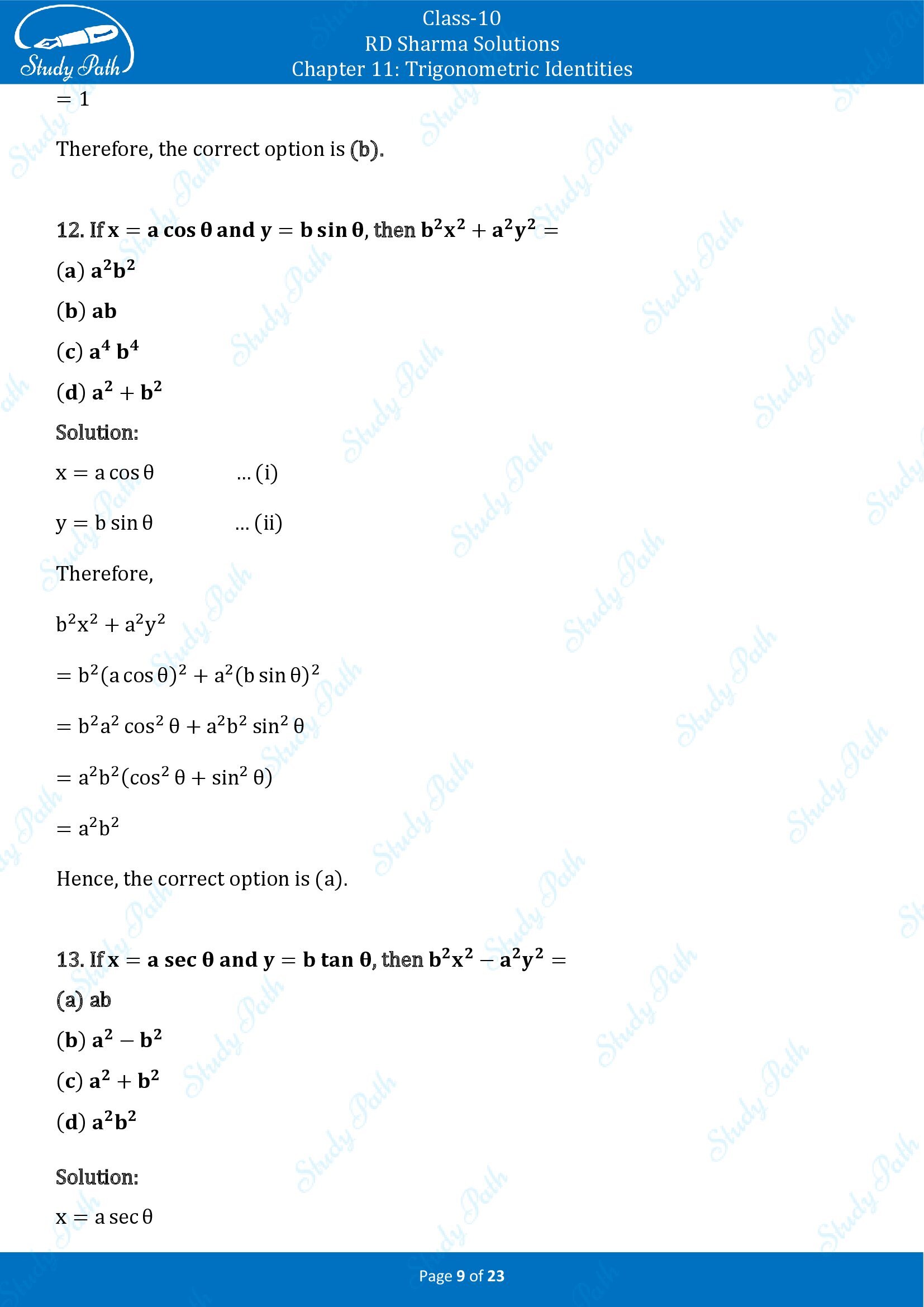 RD Sharma Solutions Class 10 Chapter 11 Trigonometric Identities Multiple Choice Questions MCQs 00009