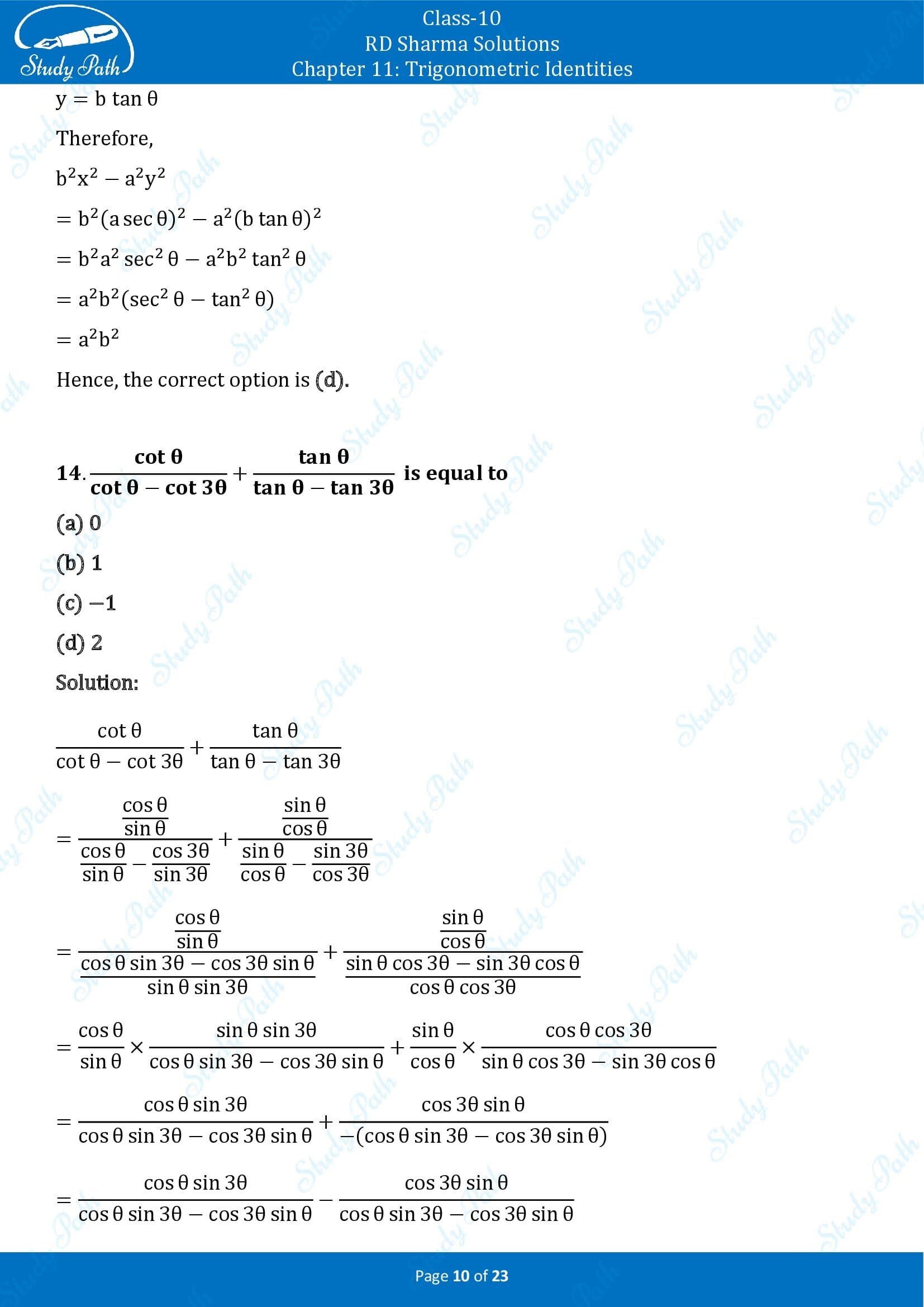 RD Sharma Solutions Class 10 Chapter 11 Trigonometric Identities Multiple Choice Questions MCQs 00010