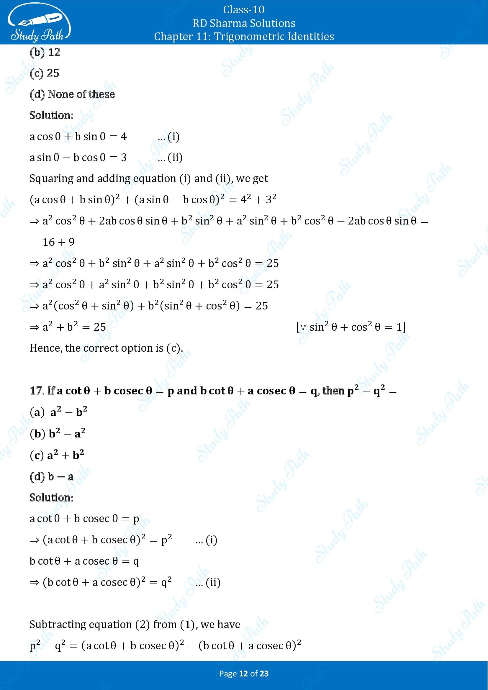 RD Sharma Solutions Class 10 Chapter 11 Trigonometric Identities Multiple Choice Questions MCQs 00012