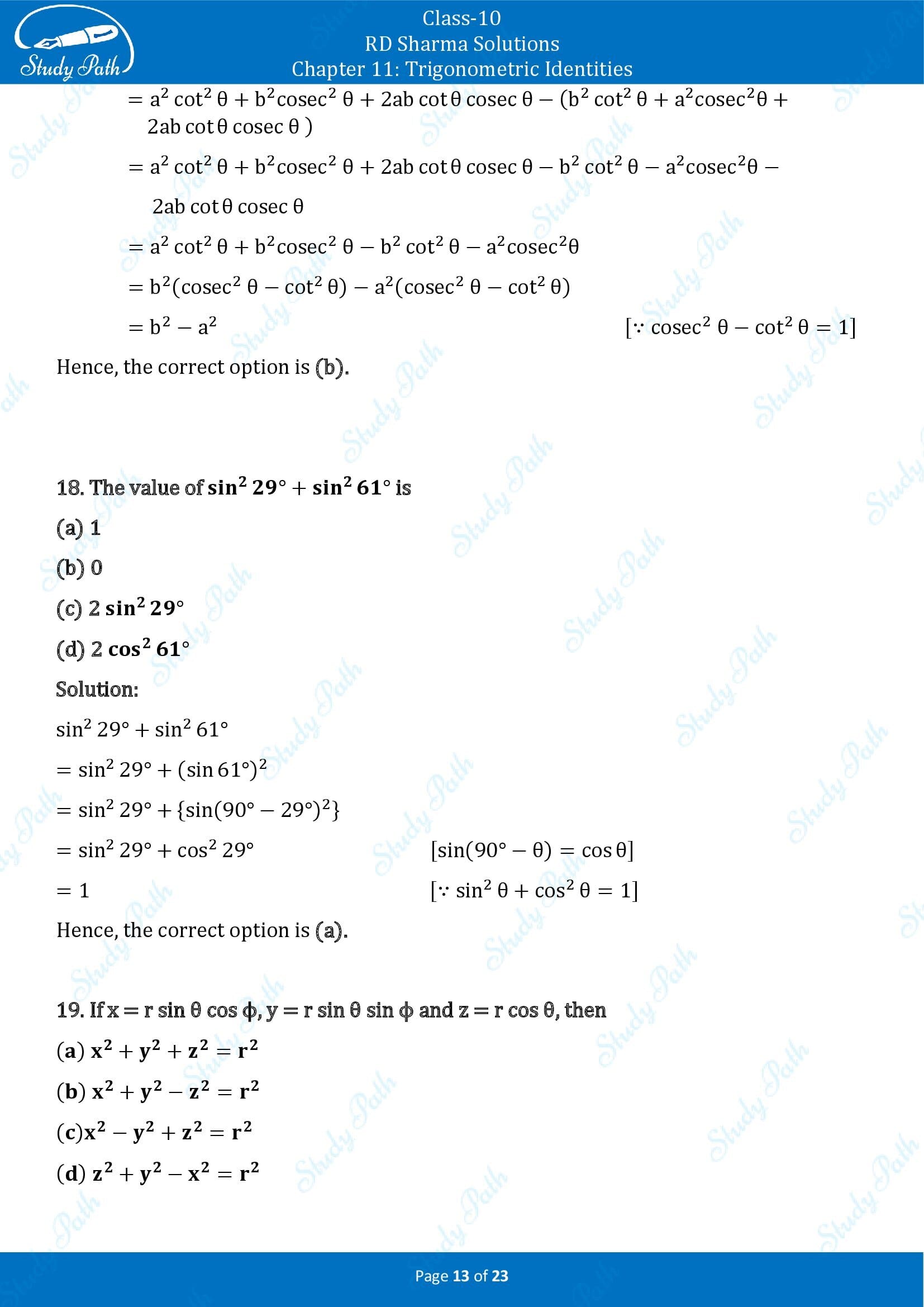 RD Sharma Solutions Class 10 Chapter 11 Trigonometric Identities Multiple Choice Questions MCQs 00013