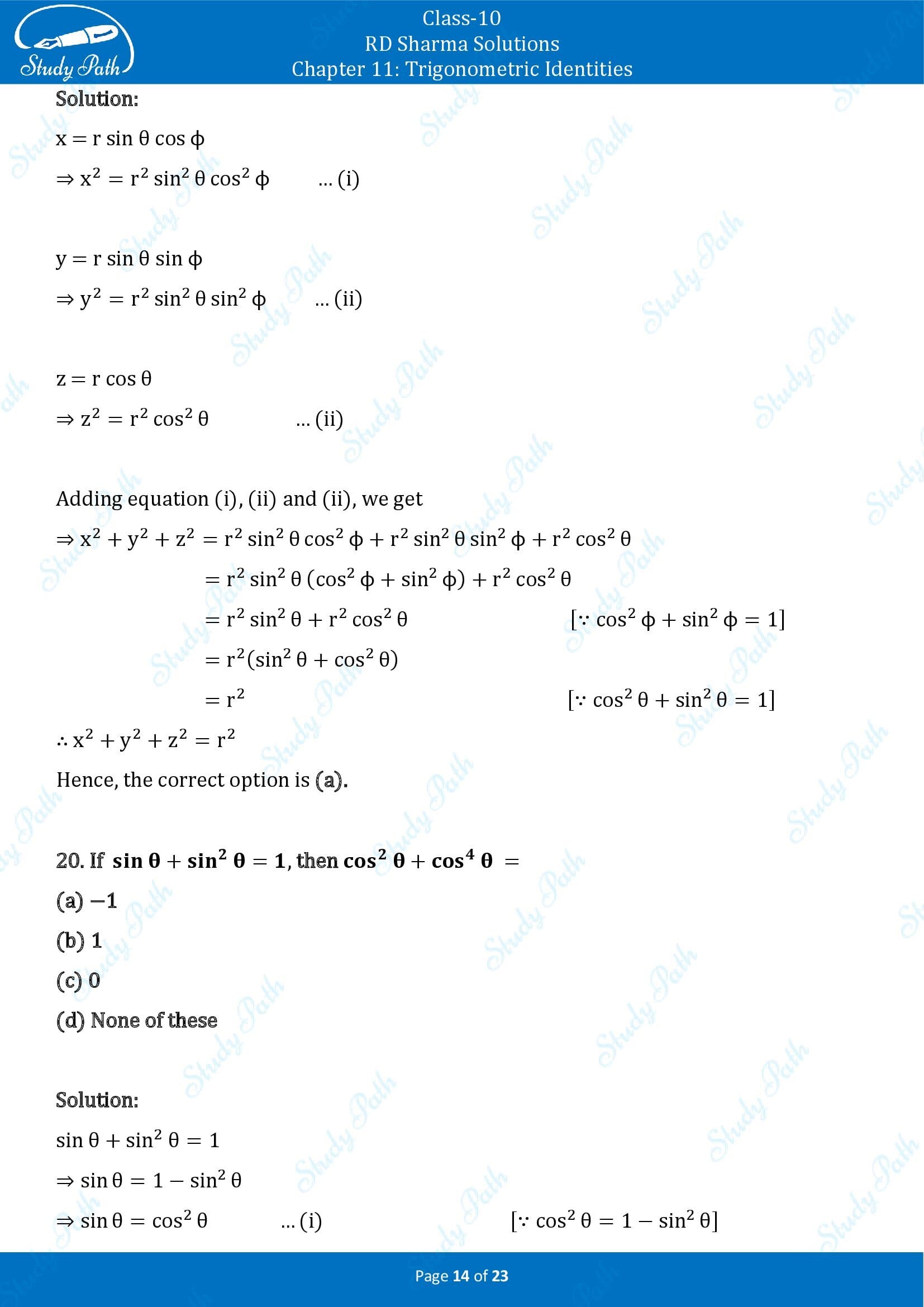 RD Sharma Solutions Class 10 Chapter 11 Trigonometric Identities Multiple Choice Questions MCQs 00014