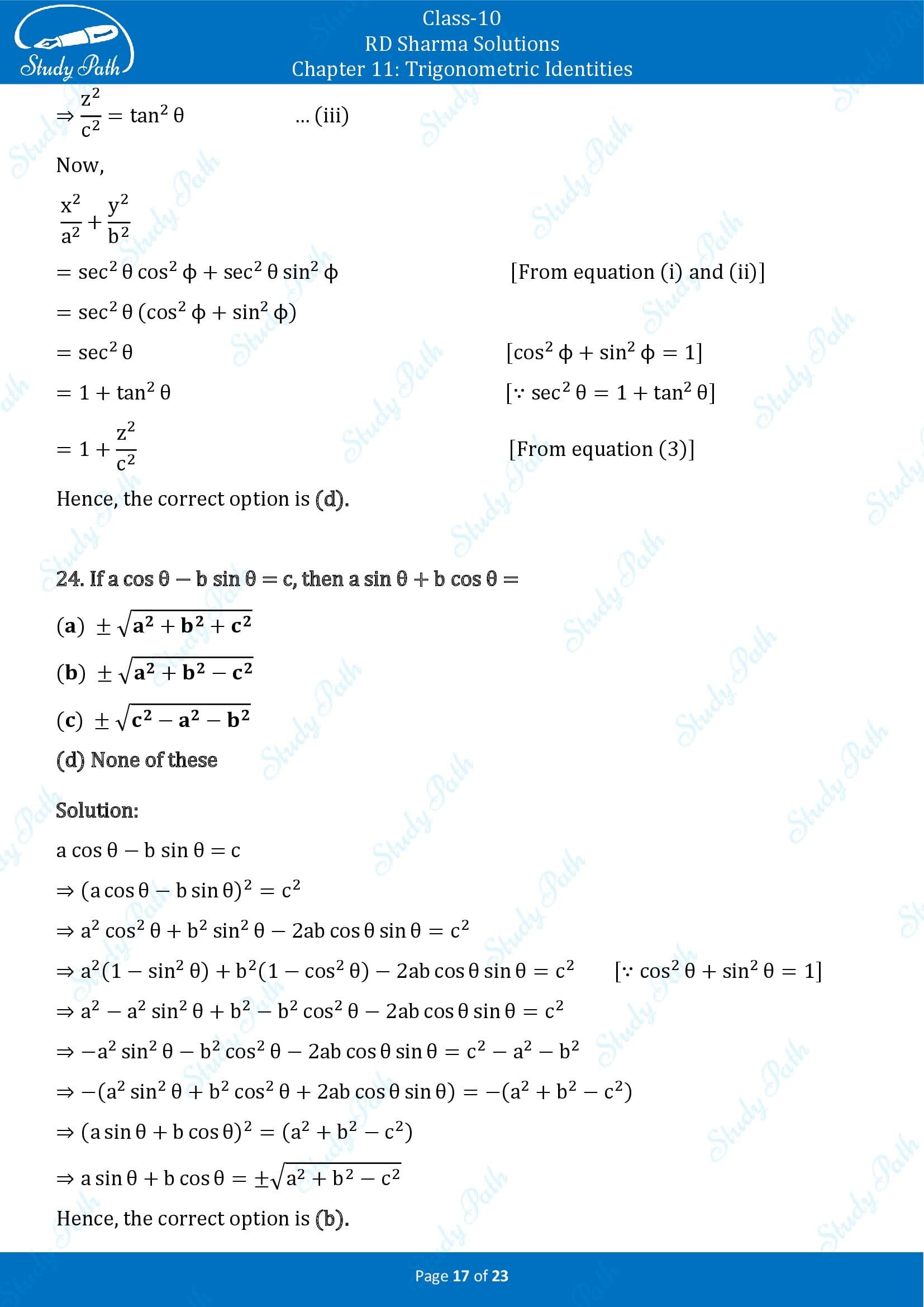 RD Sharma Solutions Class 10 Chapter 11 Trigonometric Identities Multiple Choice Questions MCQs 00017