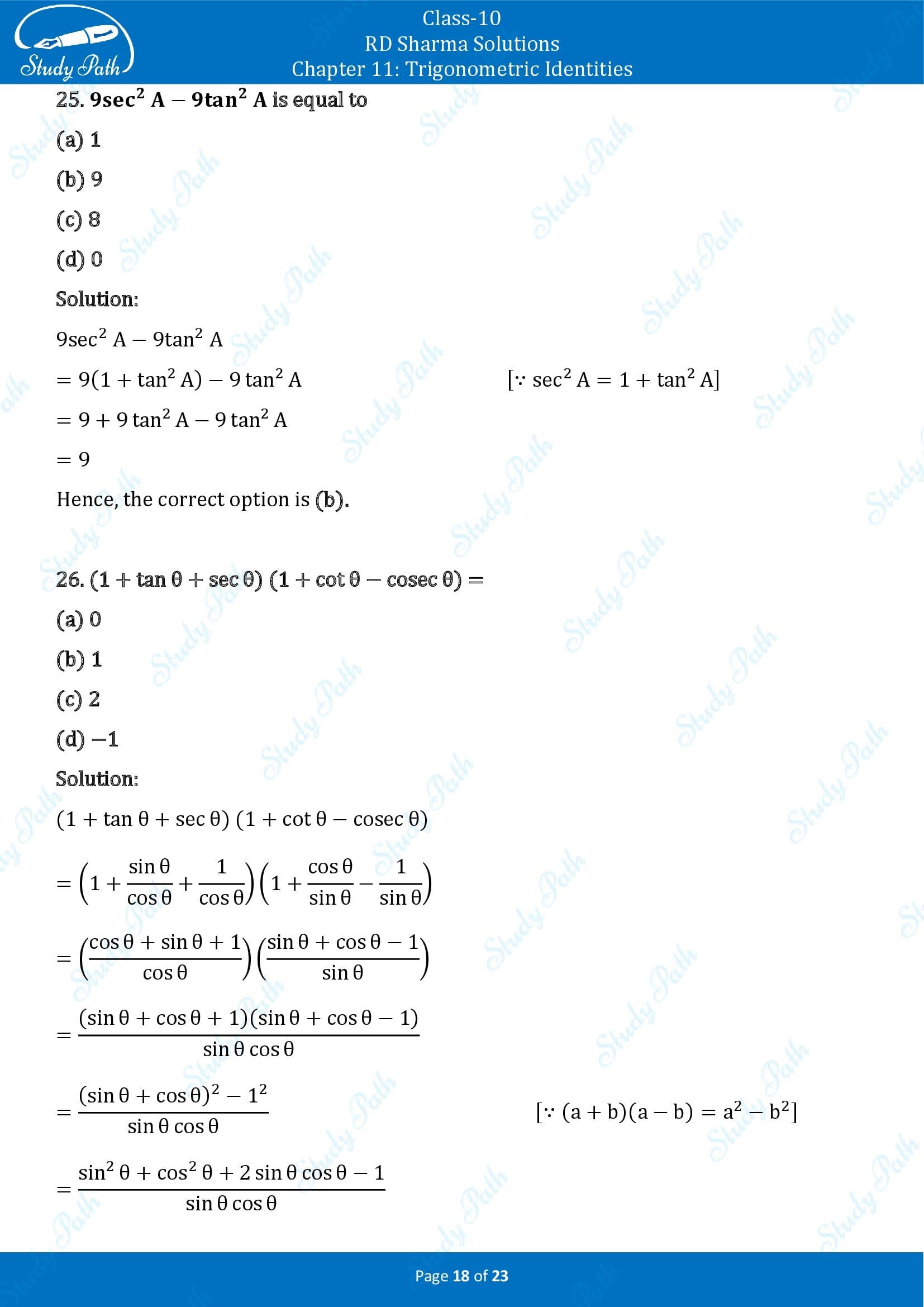 RD Sharma Solutions Class 10 Chapter 11 Trigonometric Identities Multiple Choice Questions MCQs 00018