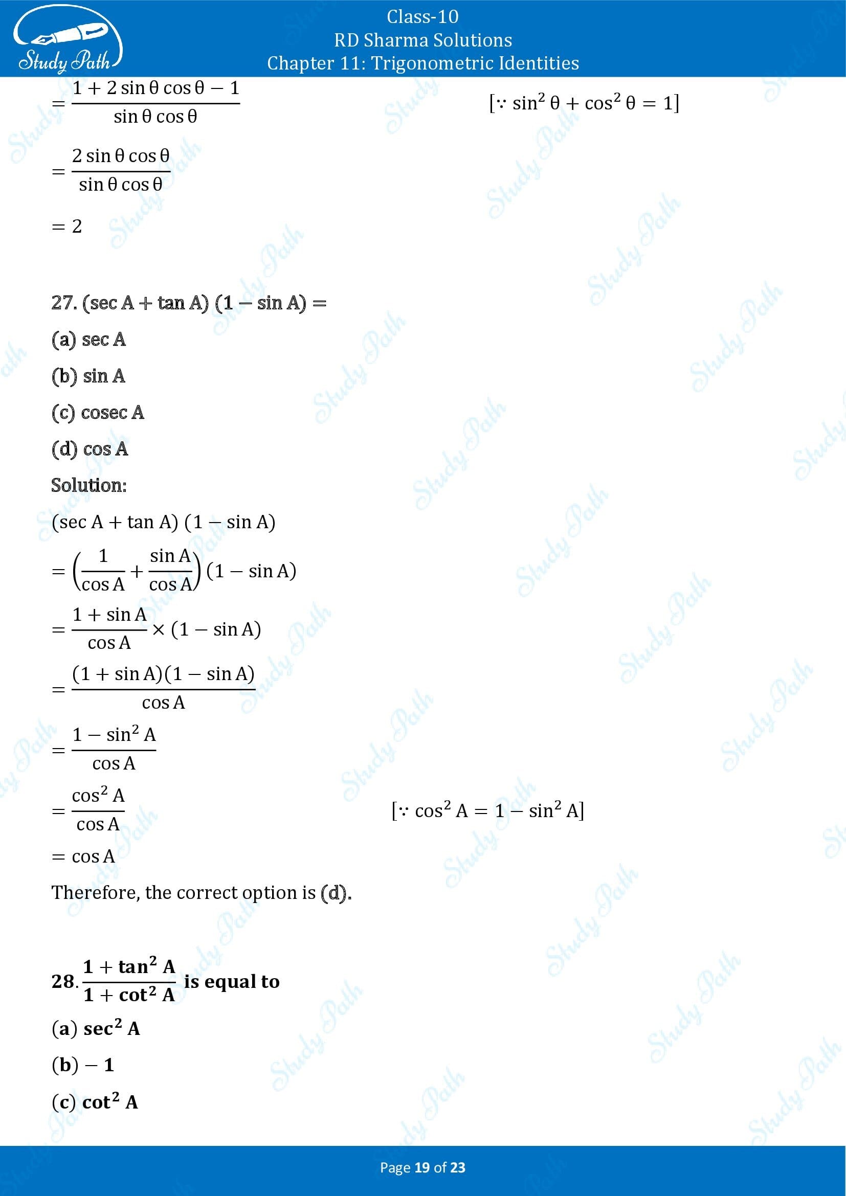 RD Sharma Solutions Class 10 Chapter 11 Trigonometric Identities Multiple Choice Questions MCQs 00019