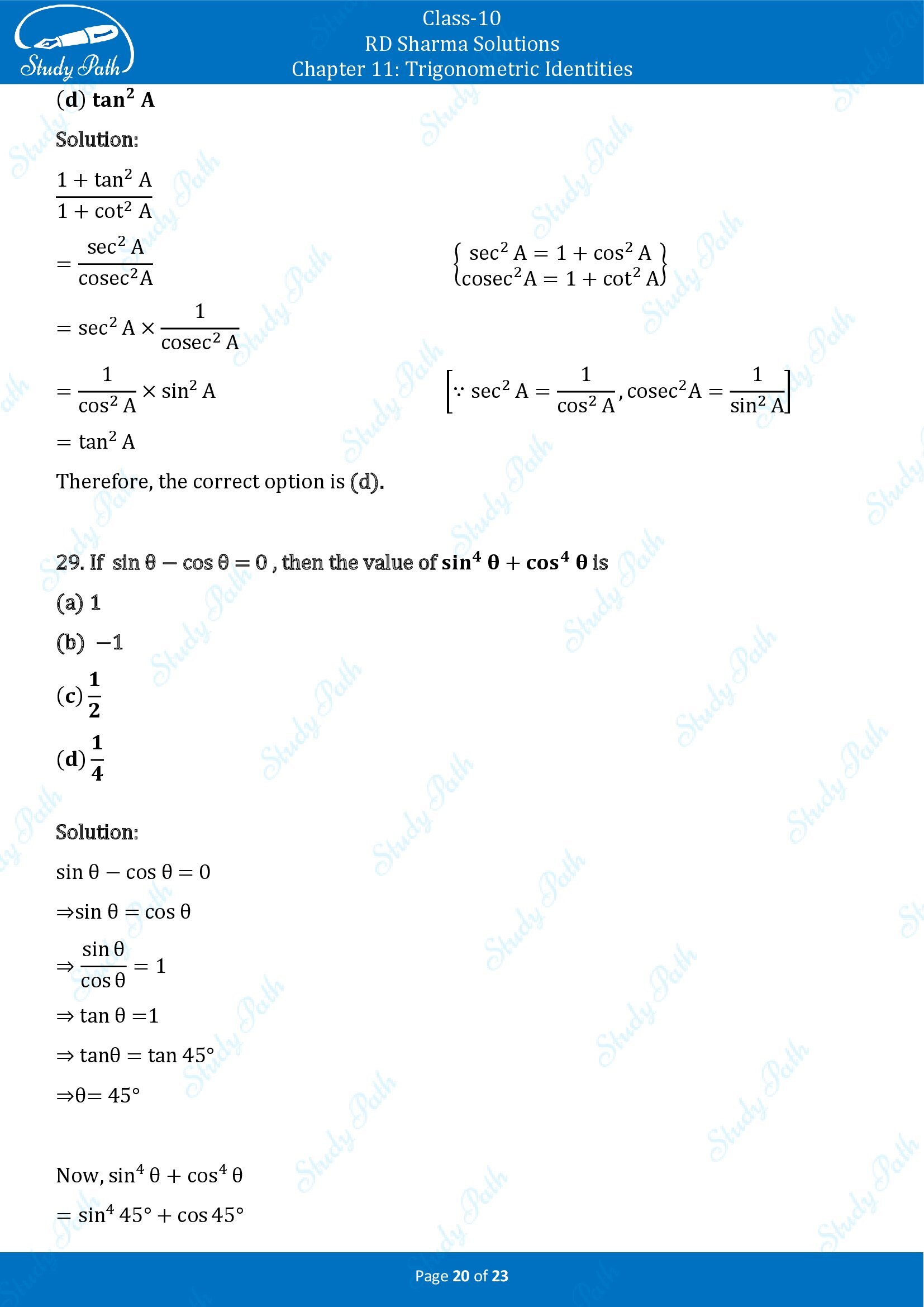 RD Sharma Solutions Class 10 Chapter 11 Trigonometric Identities Multiple Choice Questions MCQs 00020