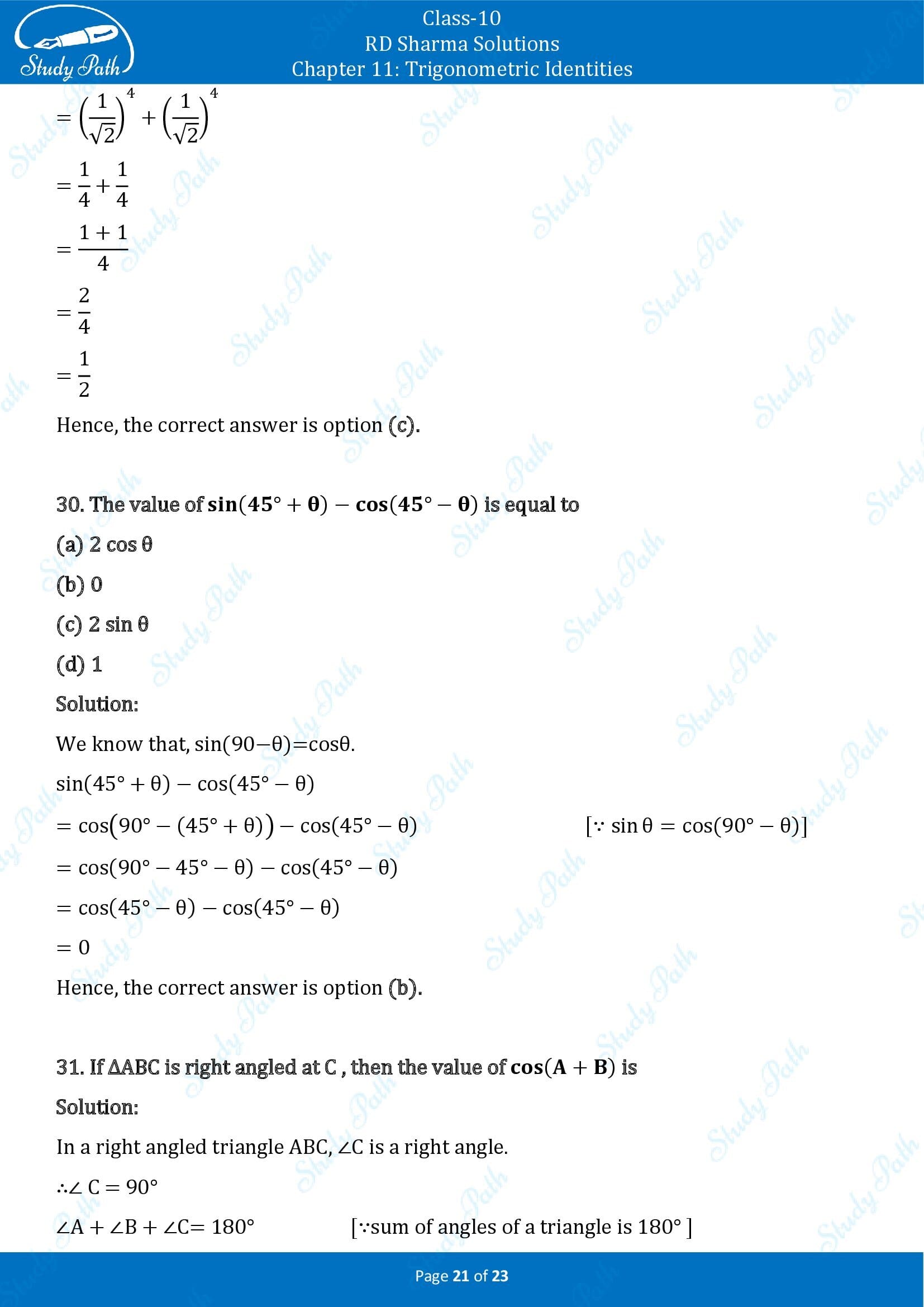 RD Sharma Solutions Class 10 Chapter 11 Trigonometric Identities Multiple Choice Questions MCQs 00021