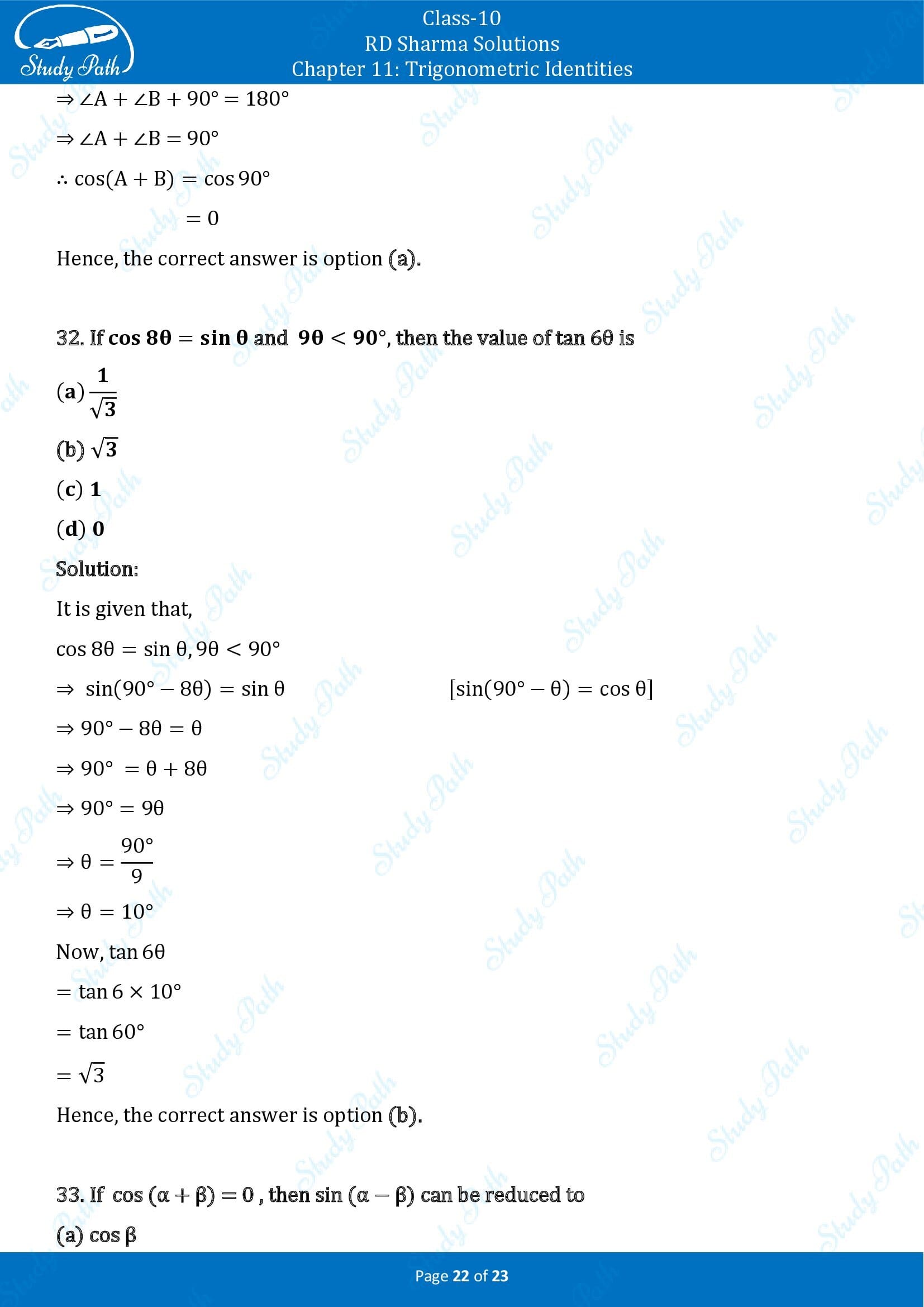 RD Sharma Solutions Class 10 Chapter 11 Trigonometric Identities Multiple Choice Questions MCQs 00022