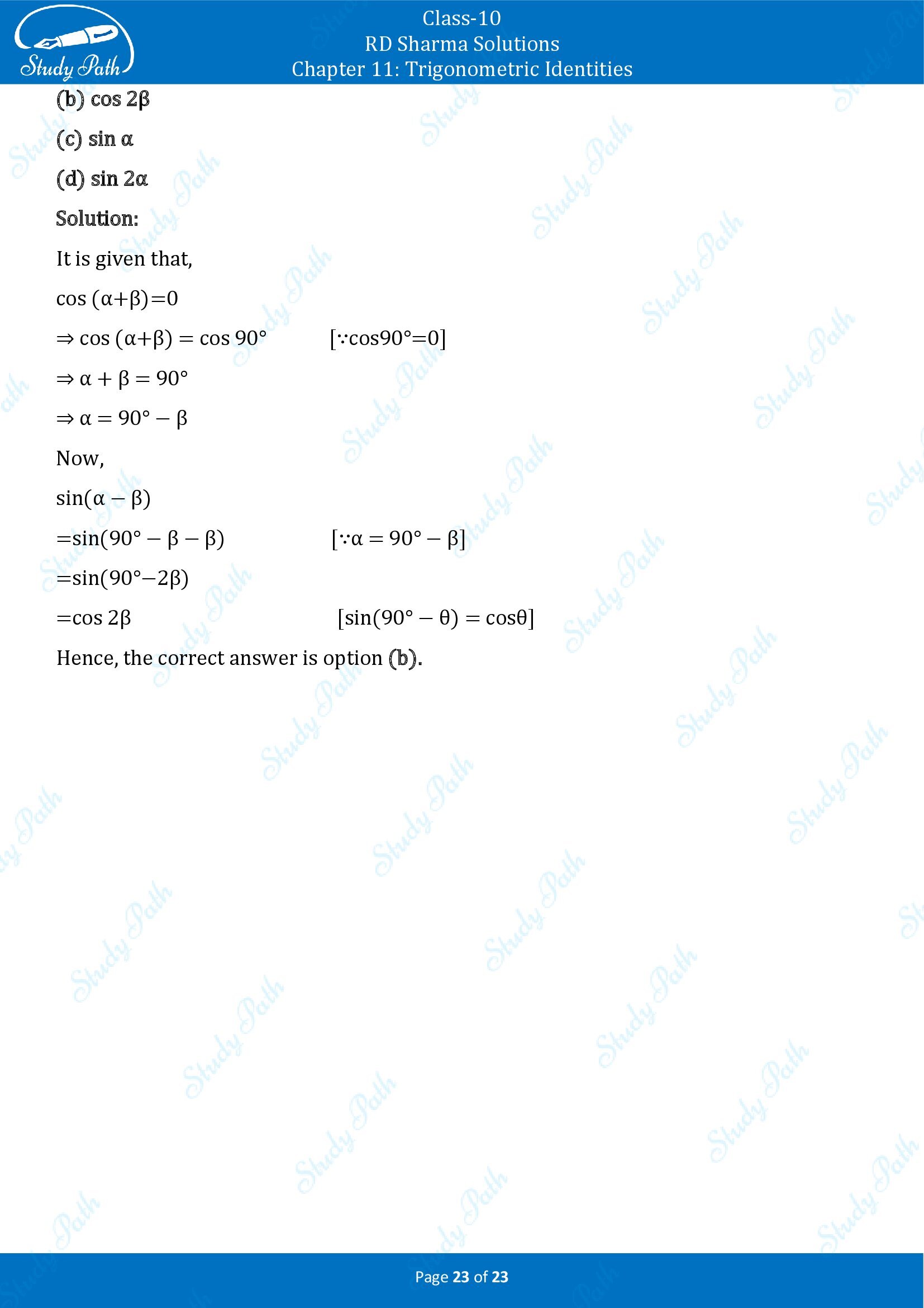 RD Sharma Solutions Class 10 Chapter 11 Trigonometric Identities Multiple Choice Questions MCQs 00023