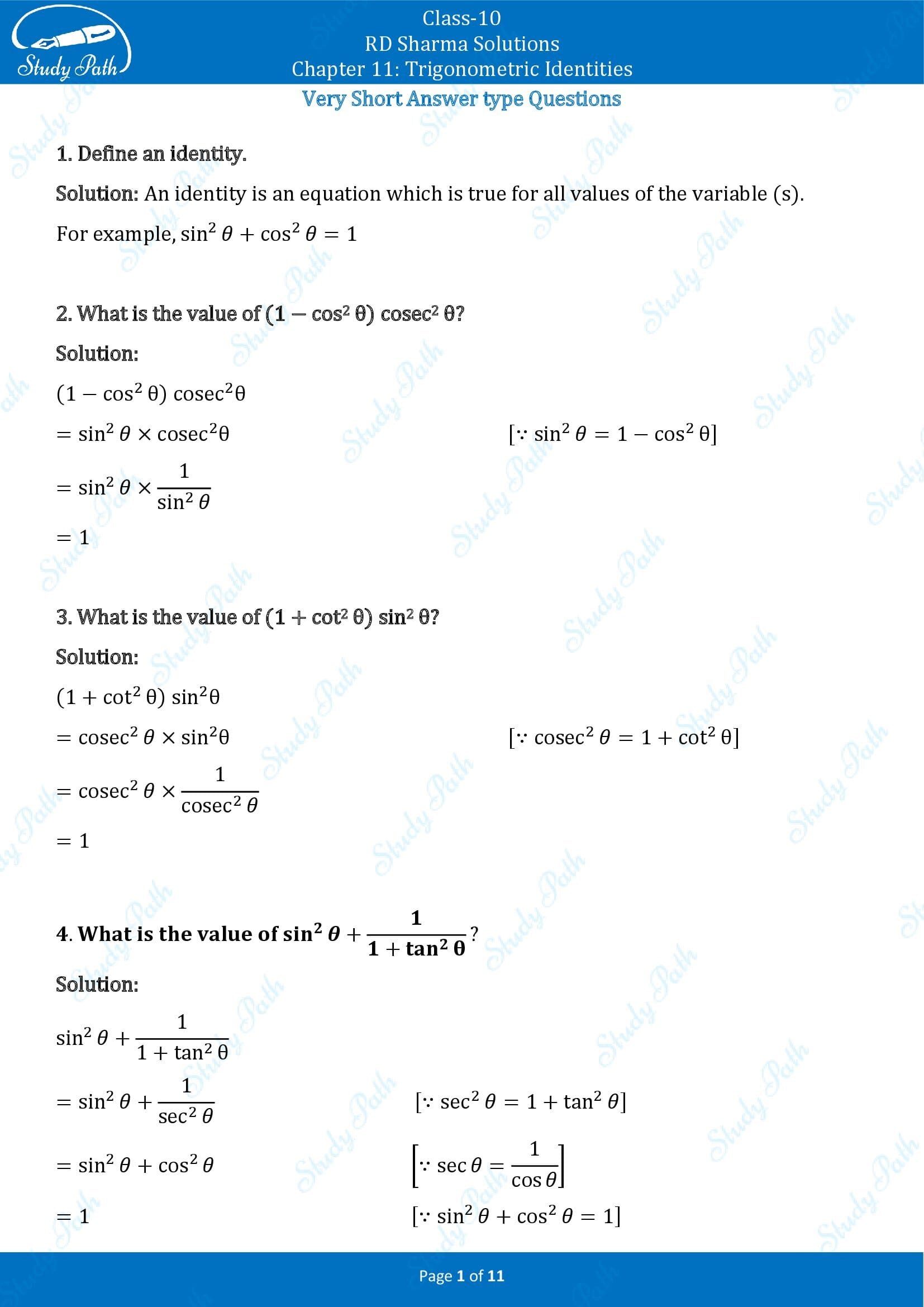 RD Sharma Solutions Class 10 Chapter 11 Trigonometric Identities Very Short Answer Type Questions VSAQs 00001