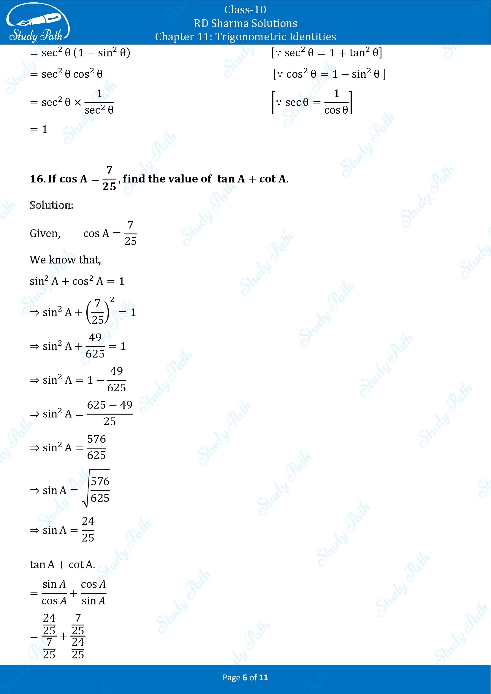 RD Sharma Solutions Class 10 Chapter 11 Trigonometric Identities Very Short Answer Type Questions VSAQs 00006