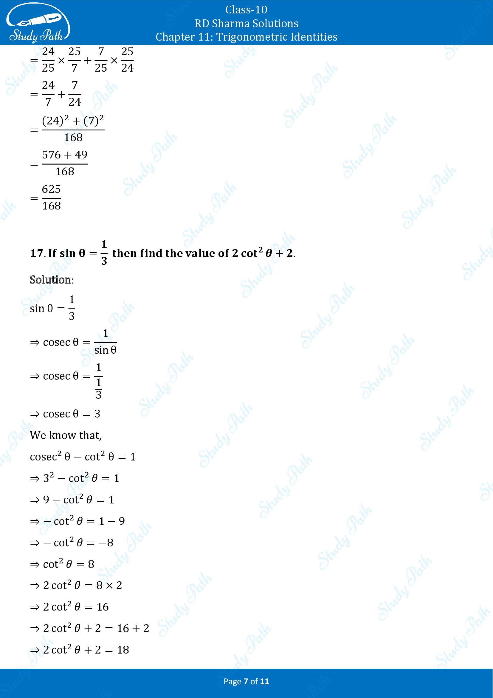 RD Sharma Solutions Class 10 Chapter 11 Trigonometric Identities Very Short Answer Type Questions VSAQs 00007
