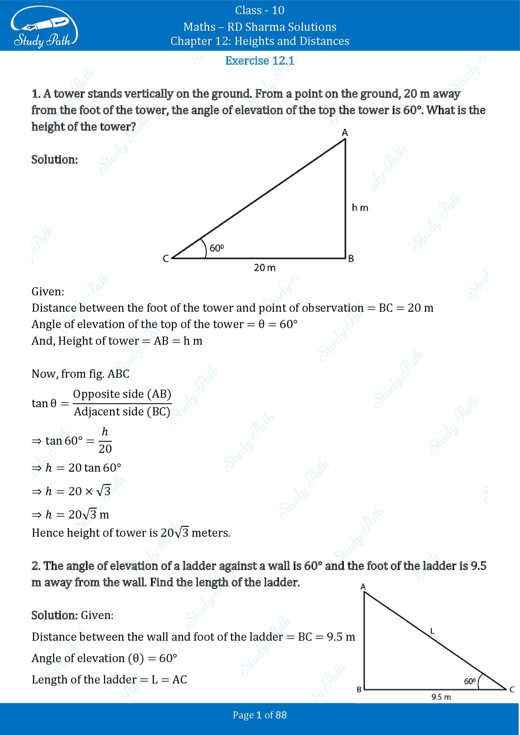 RD Sharma Solutions Class 10 Chapter 12 Heights and Distances Exercise 12.1 00001