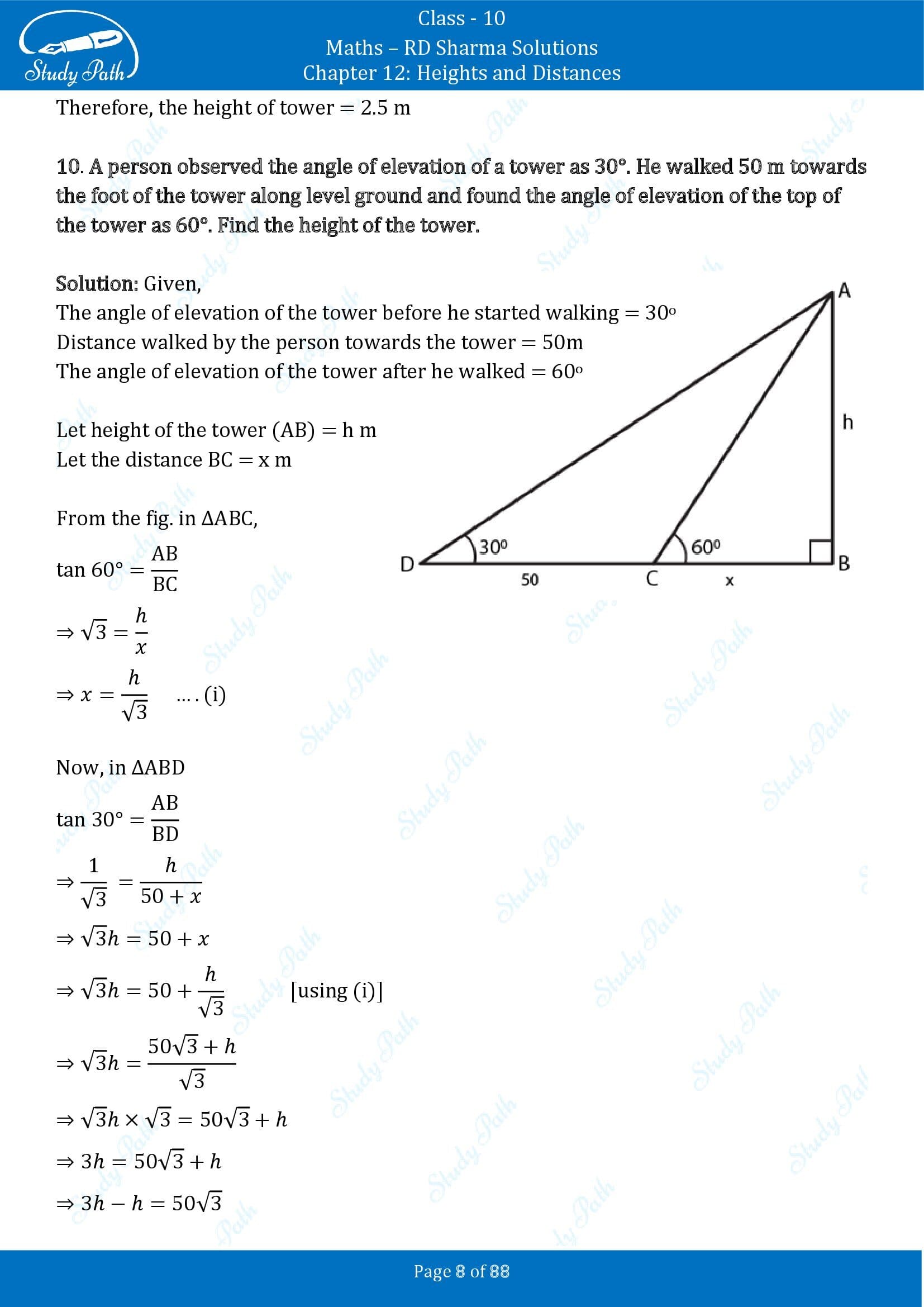 RD Sharma Solutions Class 10 Chapter 12 Heights and Distances Exercise 12.1 00008
