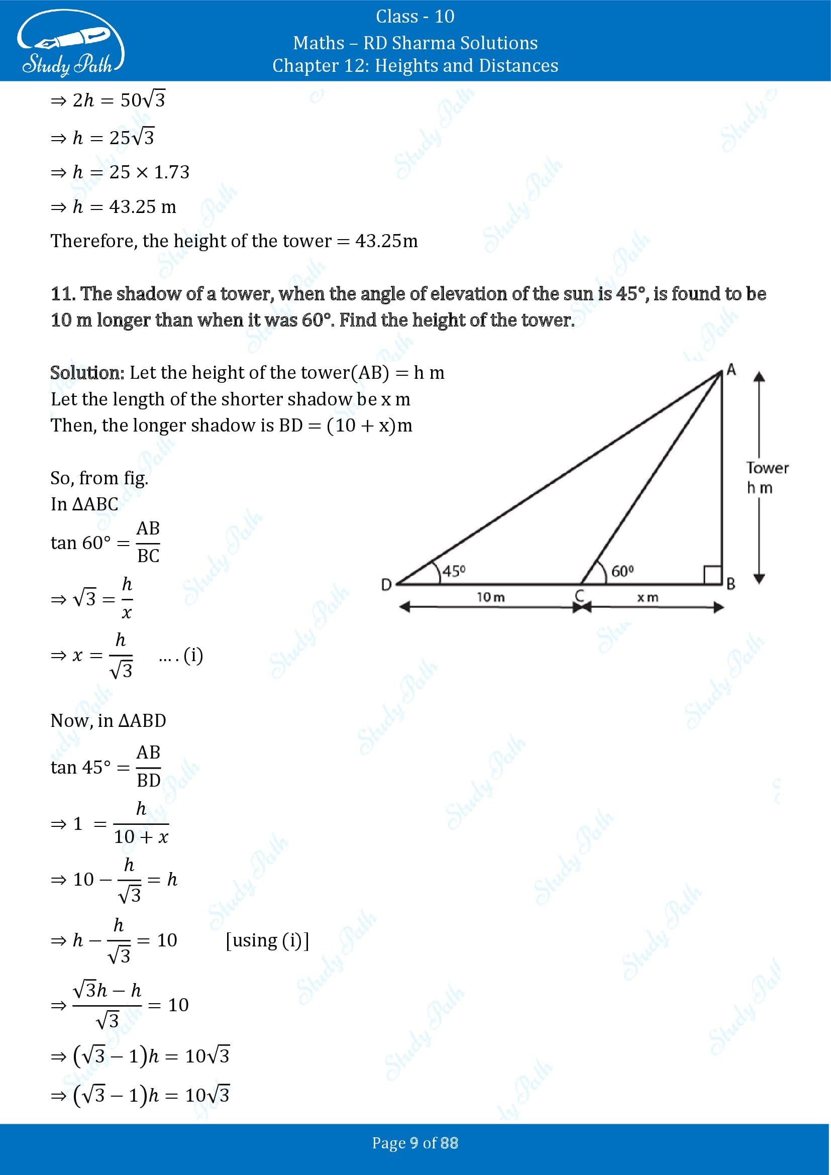 RD Sharma Solutions Class 10 Chapter 12 Heights and Distances Exercise 12.1 00009