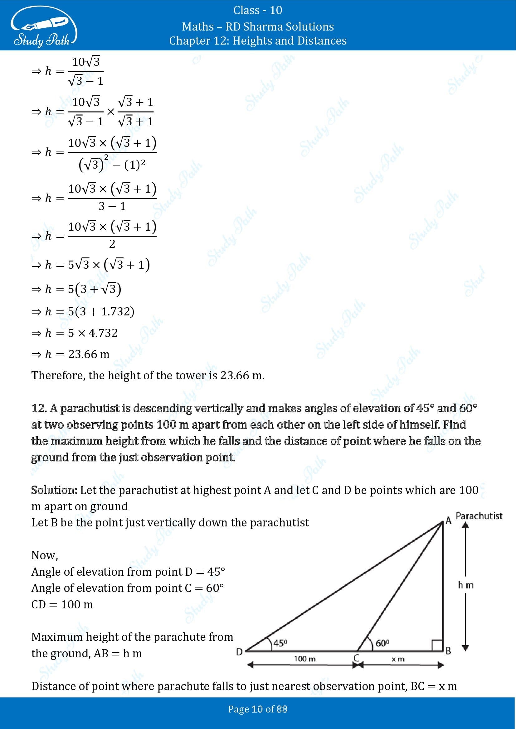 RD Sharma Solutions Class 10 Chapter 12 Heights and Distances Exercise 12.1 00010