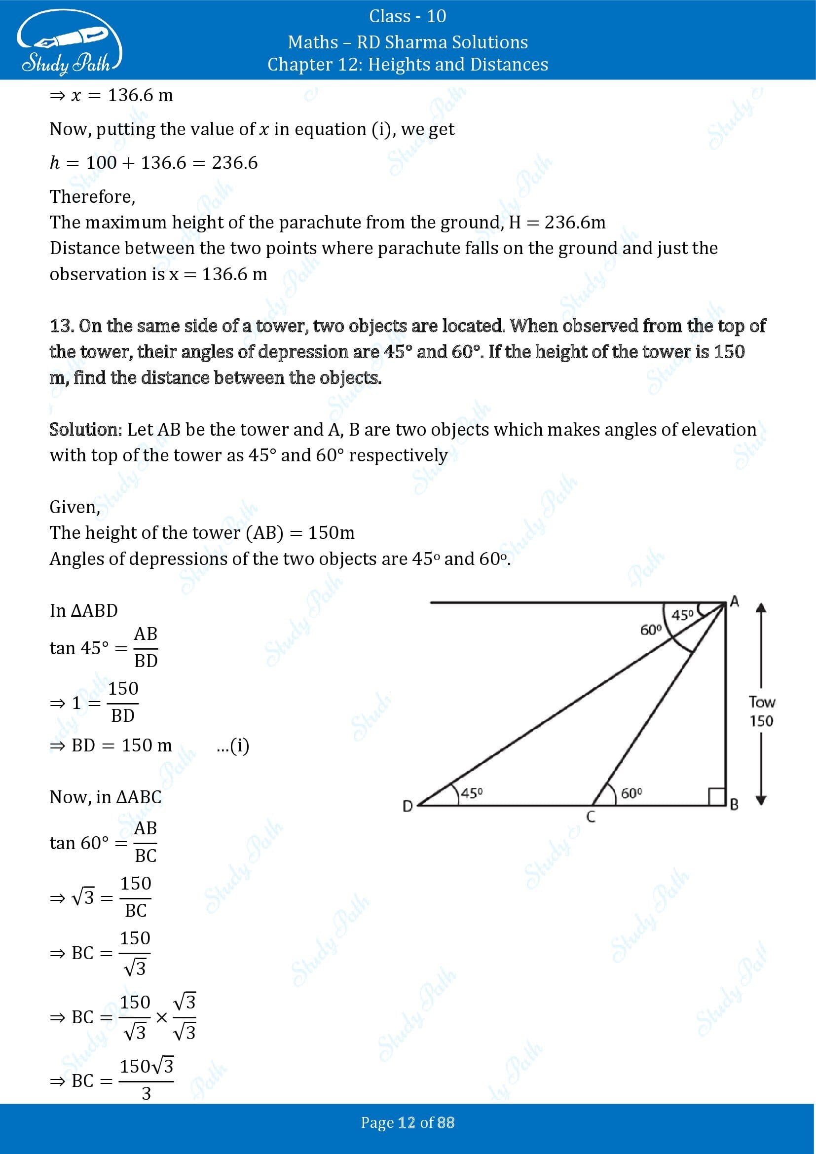 RD Sharma Solutions Class 10 Chapter 12 Heights and Distances Exercise 12.1 00012