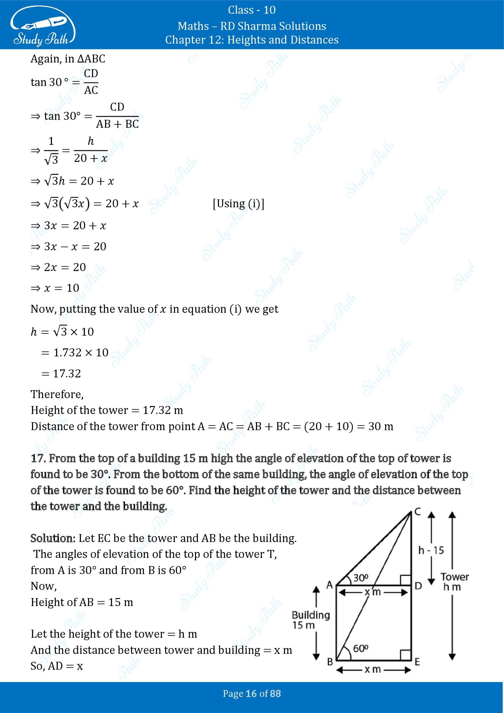 RD Sharma Solutions Class 10 Chapter 12 Heights and Distances Exercise 12.1 00016