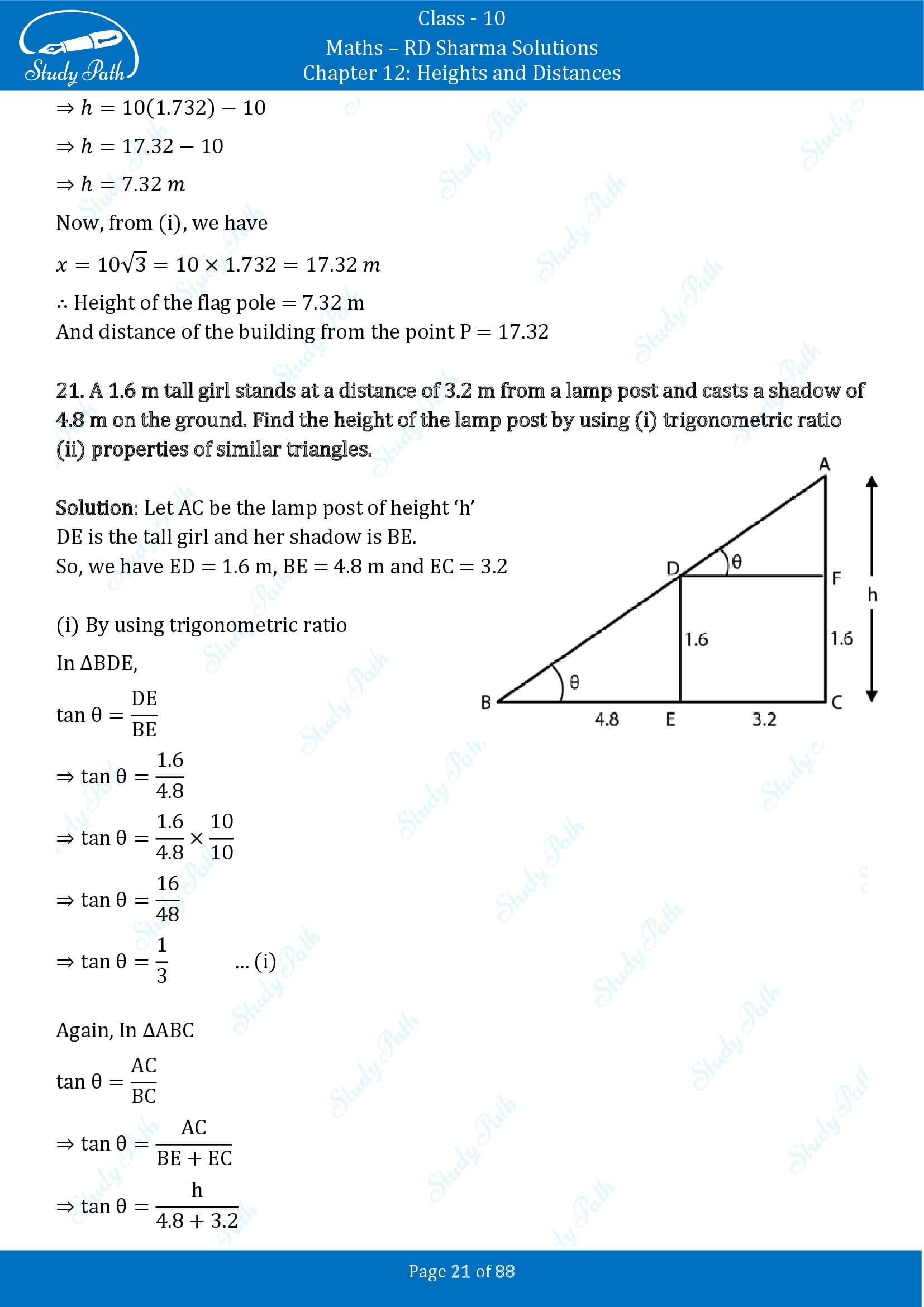 RD Sharma Solutions Class 10 Chapter 12 Heights and Distances Exercise 12.1 00021