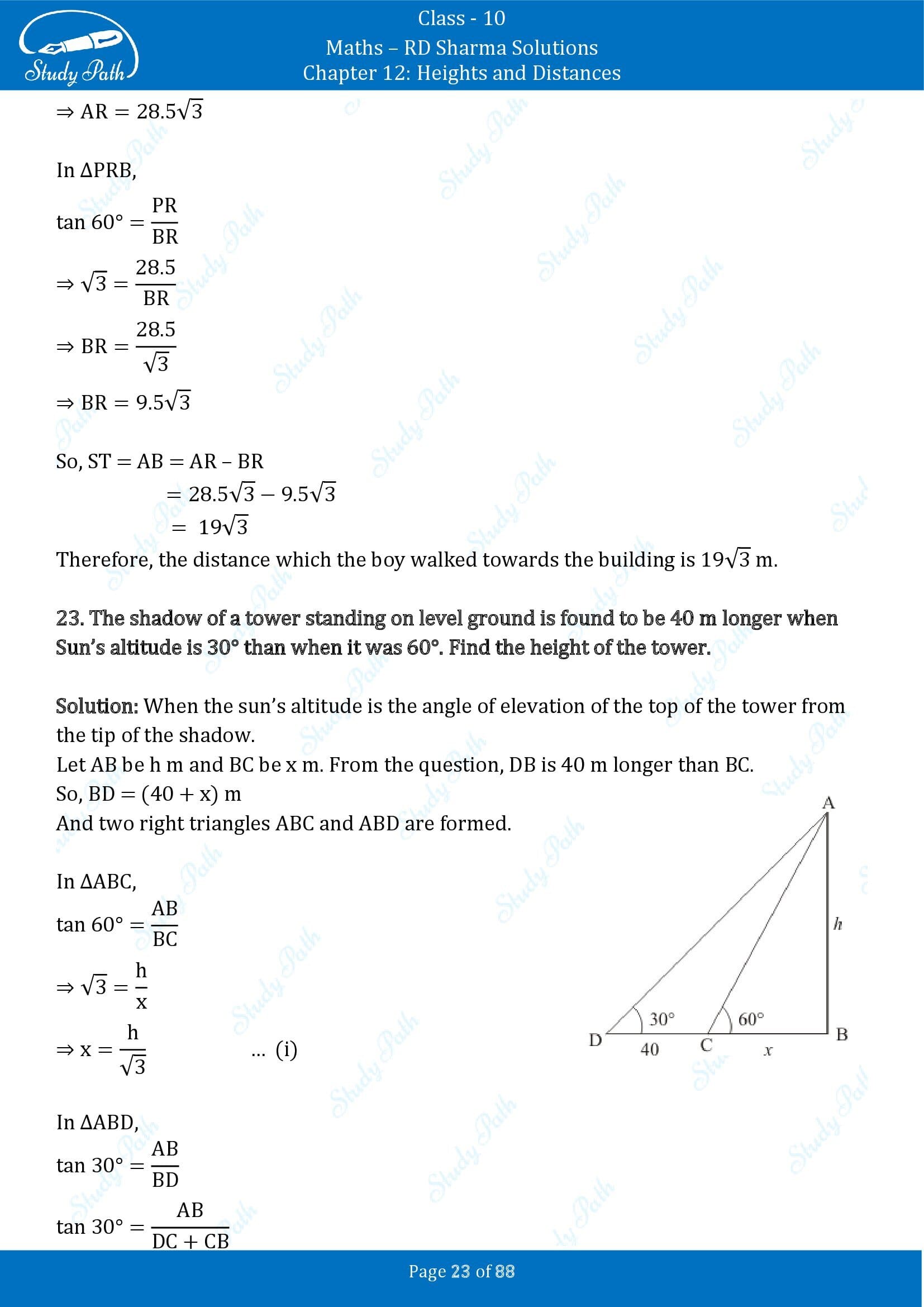 RD Sharma Solutions Class 10 Chapter 12 Heights and Distances Exercise 12.1 00023