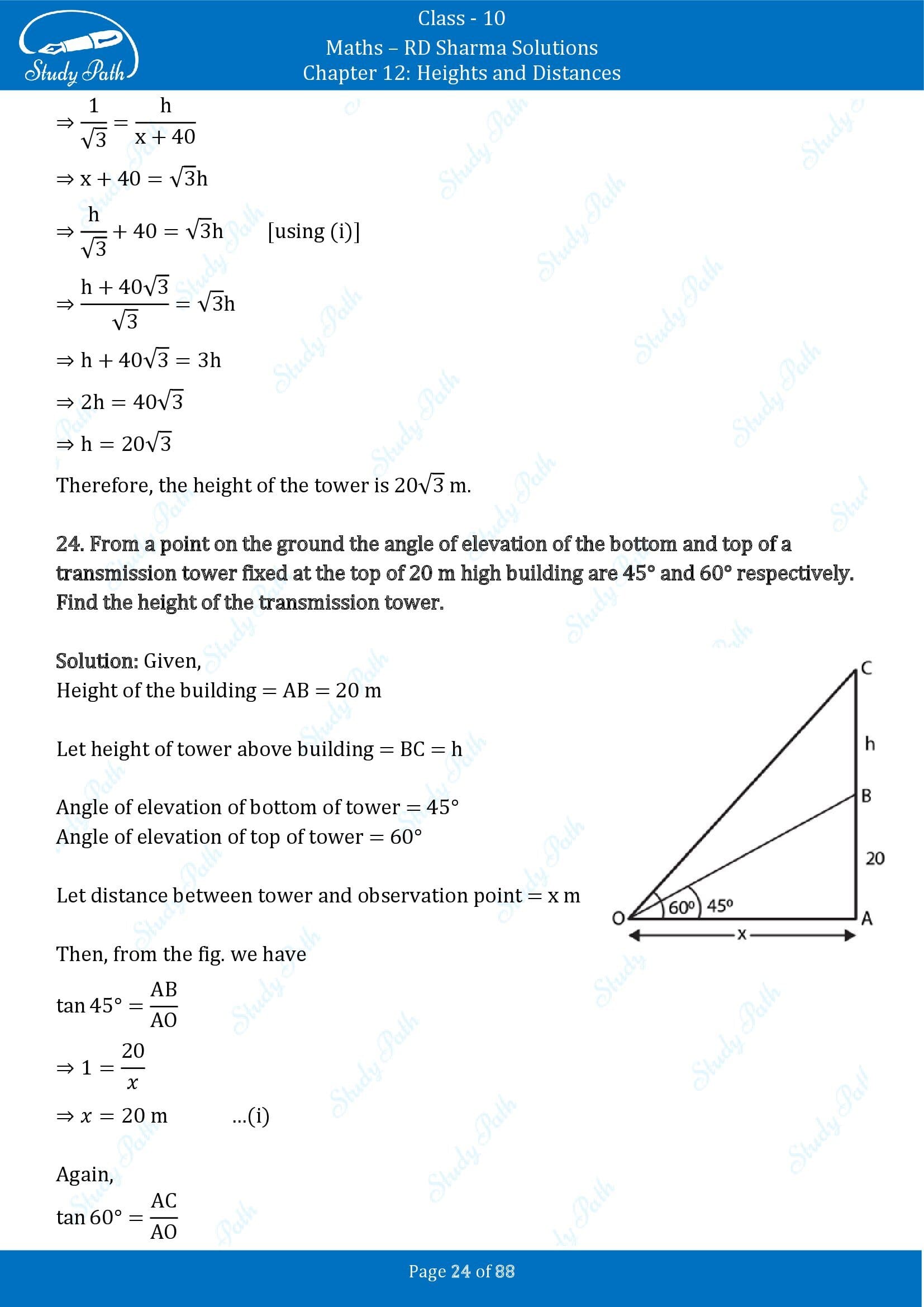 RD Sharma Solutions Class 10 Chapter 12 Heights and Distances Exercise 12.1 00024