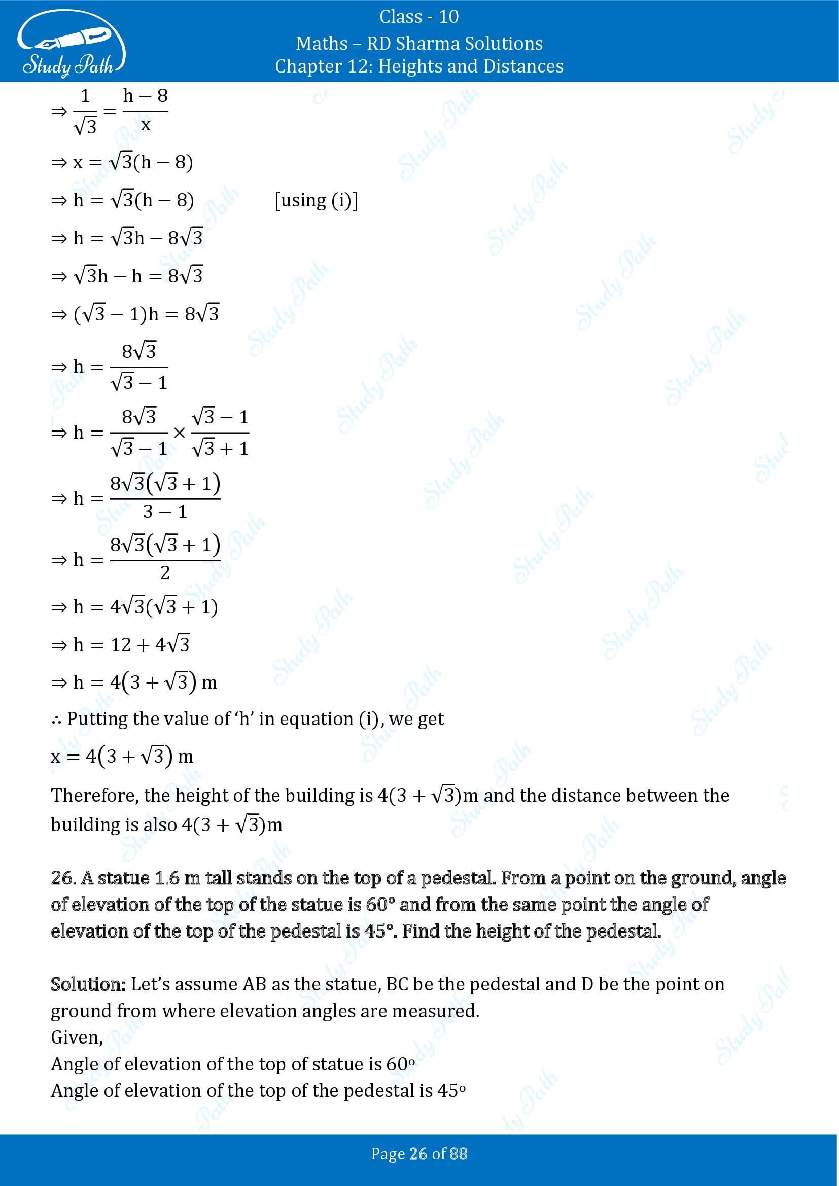 RD Sharma Solutions Class 10 Chapter 12 Heights and Distances Exercise 12.1 00026