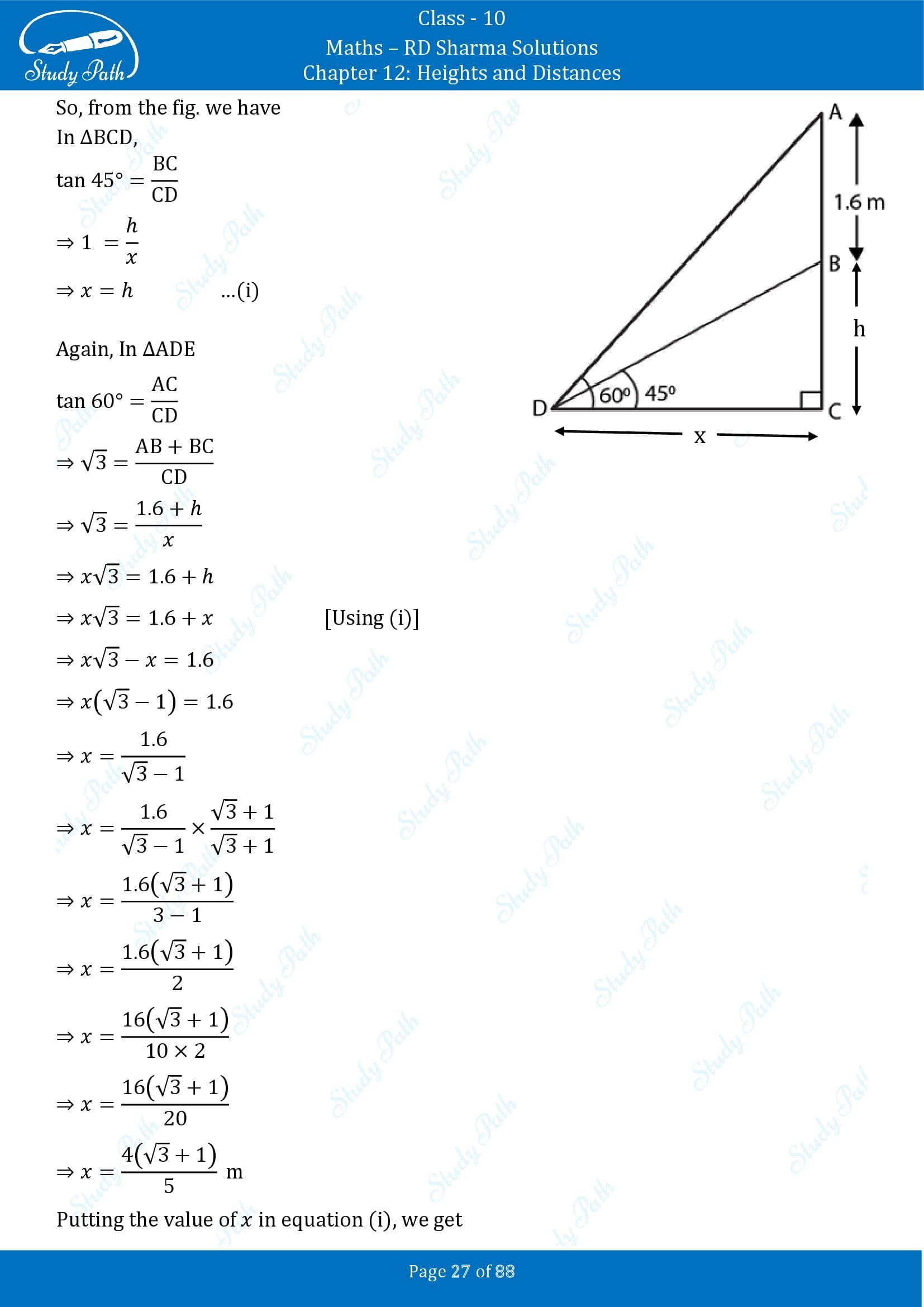 RD Sharma Solutions Class 10 Chapter 12 Heights and Distances Exercise 12.1 00027