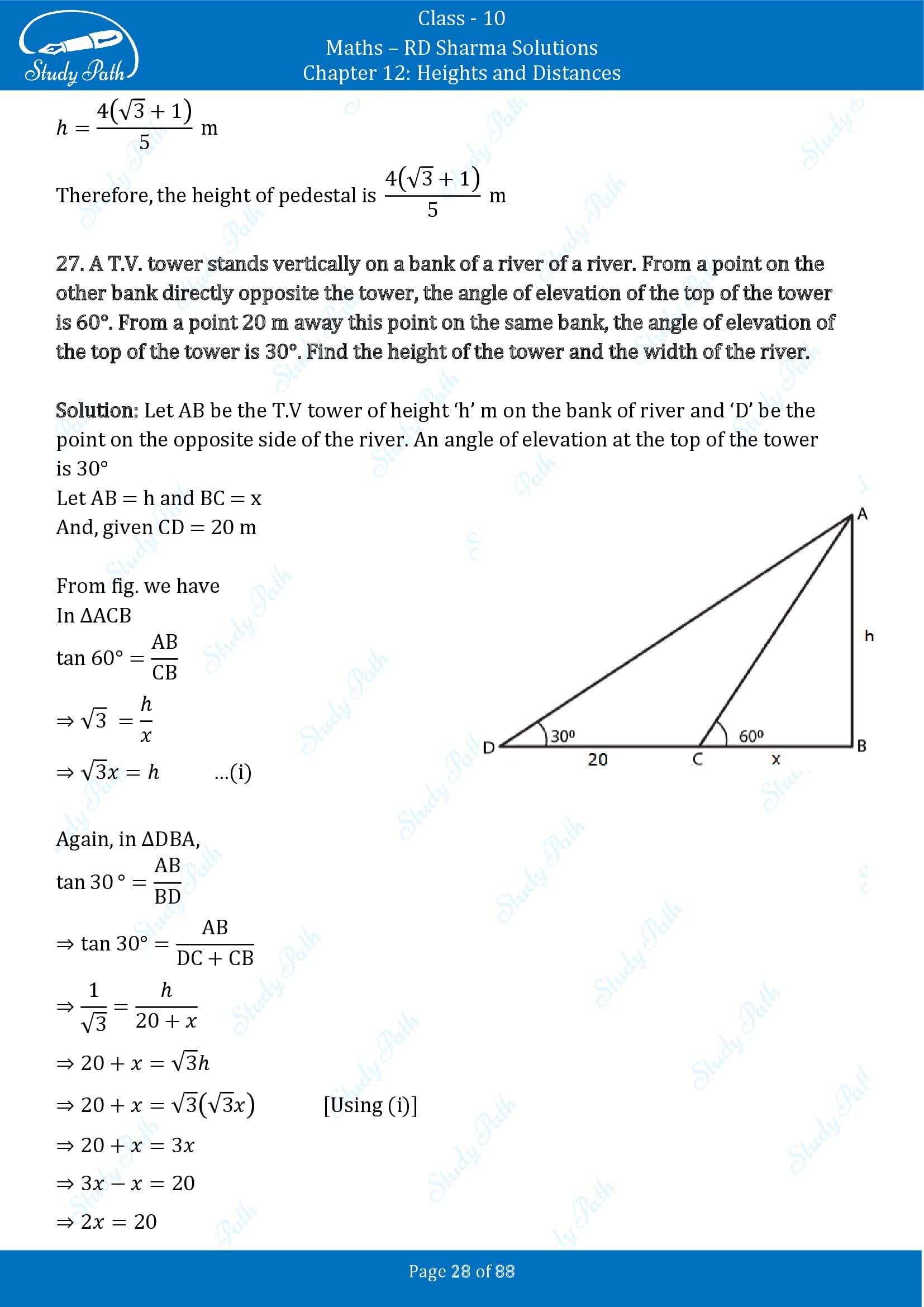 RD Sharma Solutions Class 10 Chapter 12 Heights and Distances Exercise 12.1 00028