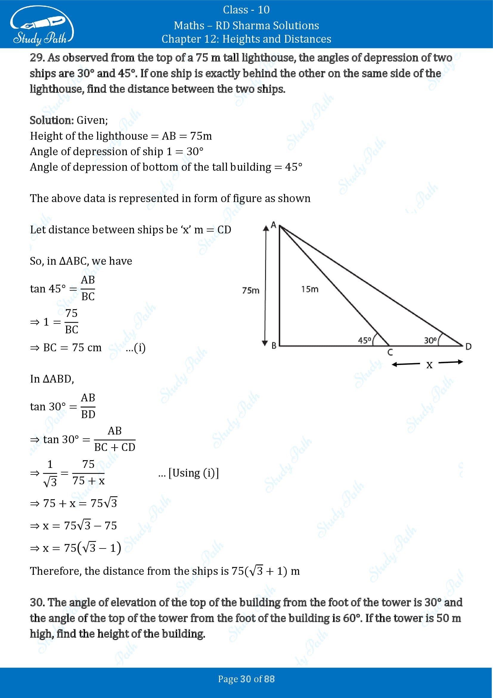 RD Sharma Solutions Class 10 Chapter 12 Heights and Distances Exercise 12.1 00030