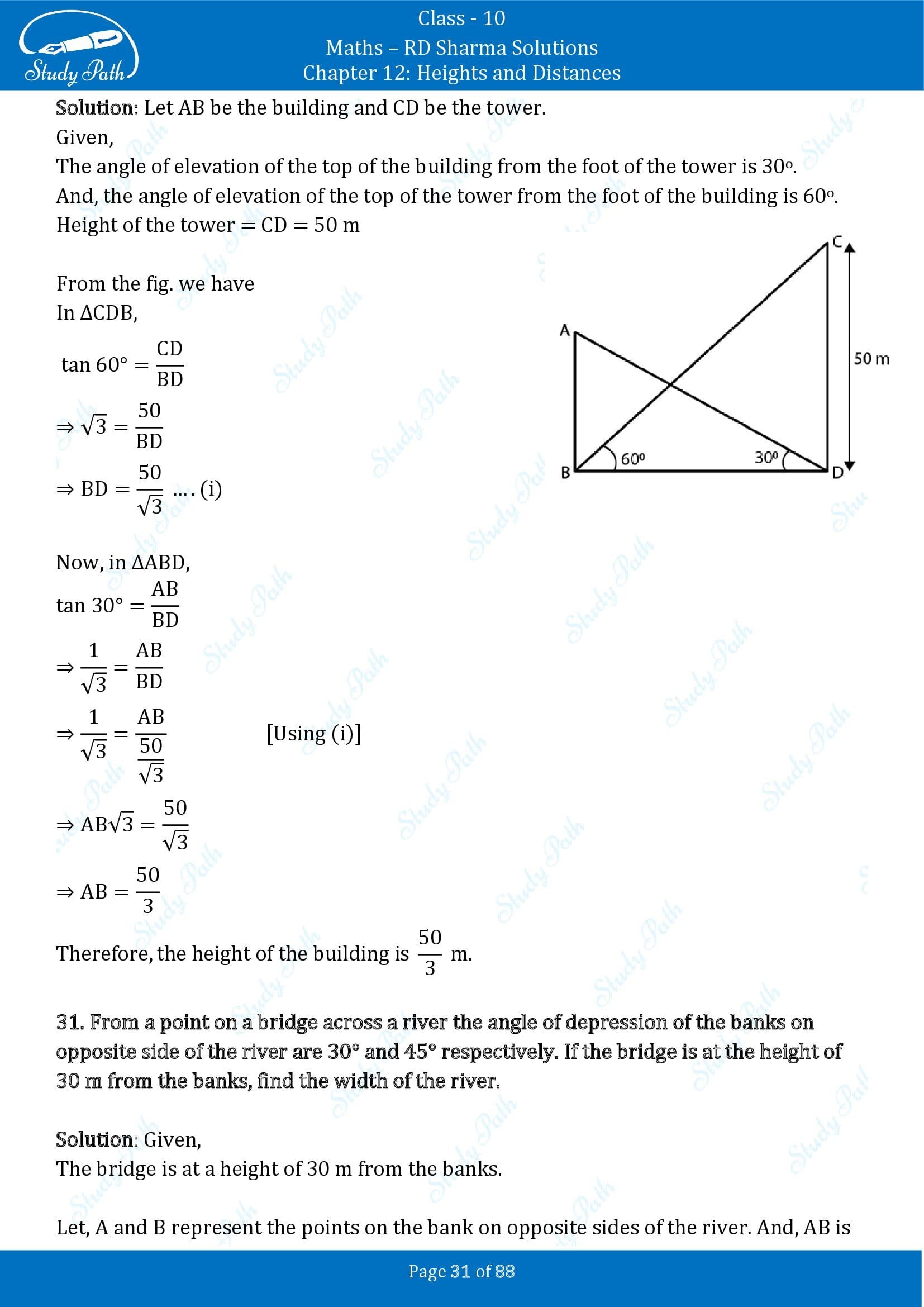 RD Sharma Solutions Class 10 Chapter 12 Heights and Distances Exercise 12.1 00031
