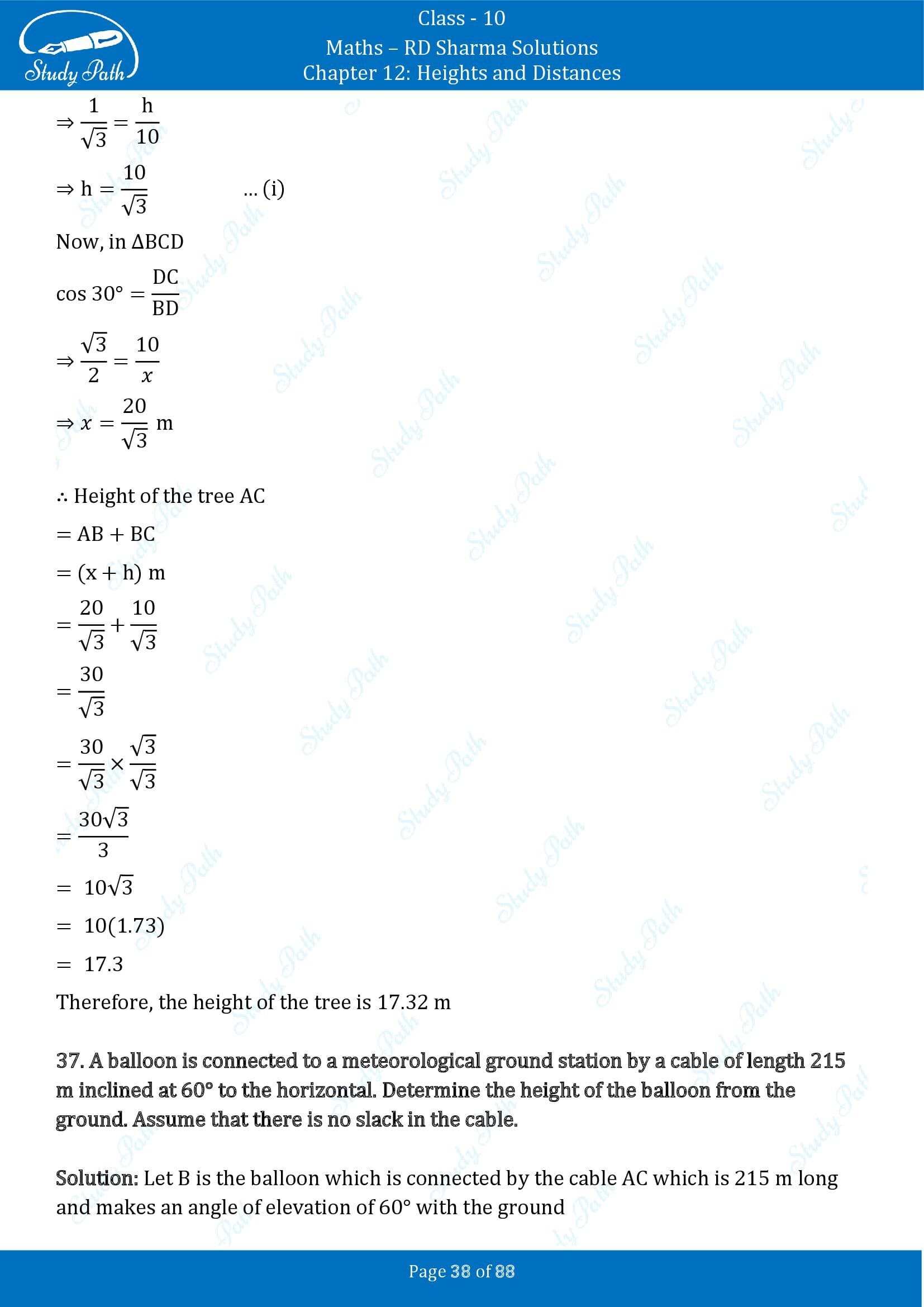 RD Sharma Solutions Class 10 Chapter 12 Heights and Distances Exercise 12.1 00038