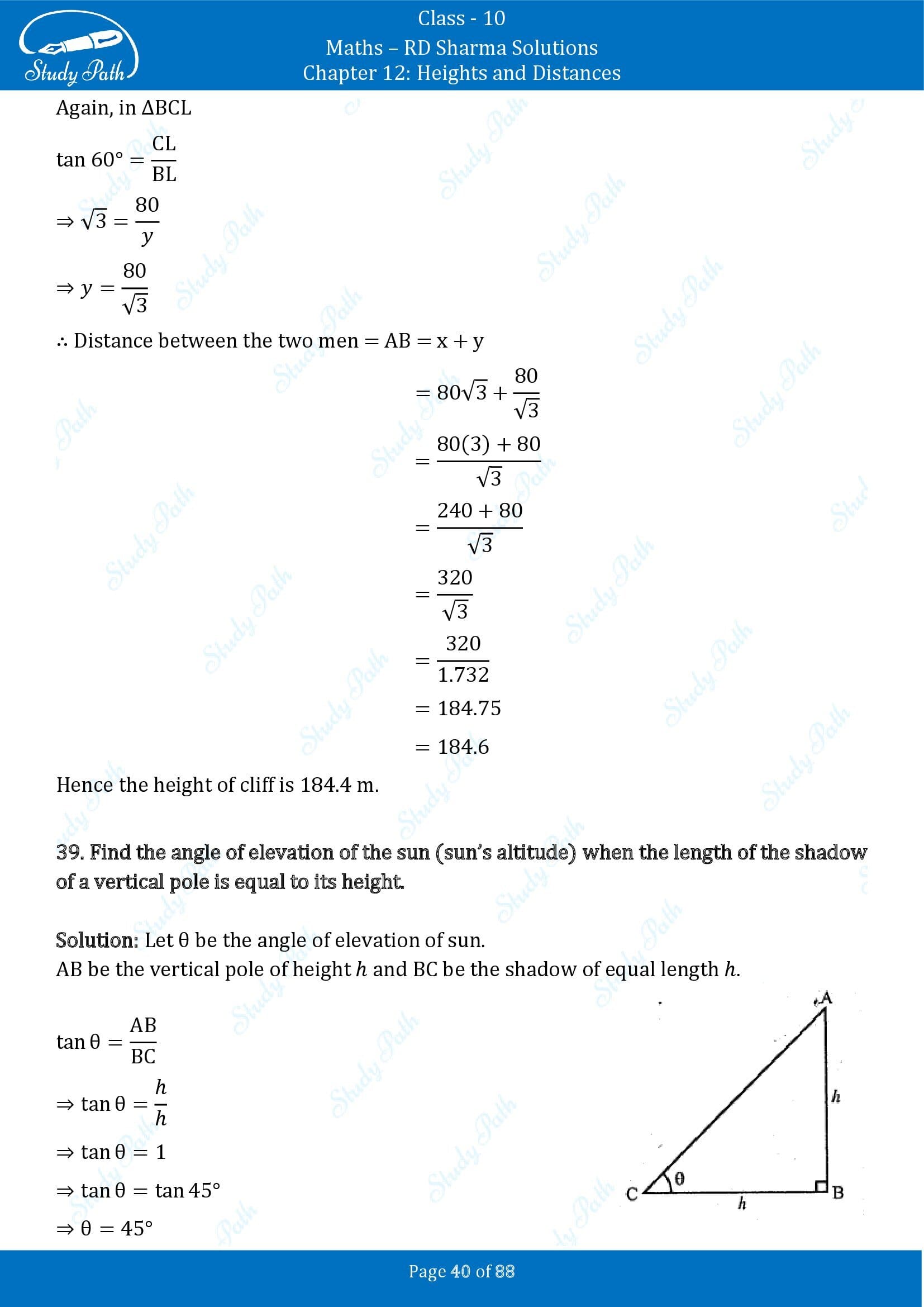 RD Sharma Solutions Class 10 Chapter 12 Heights and Distances Exercise 12.1 00040