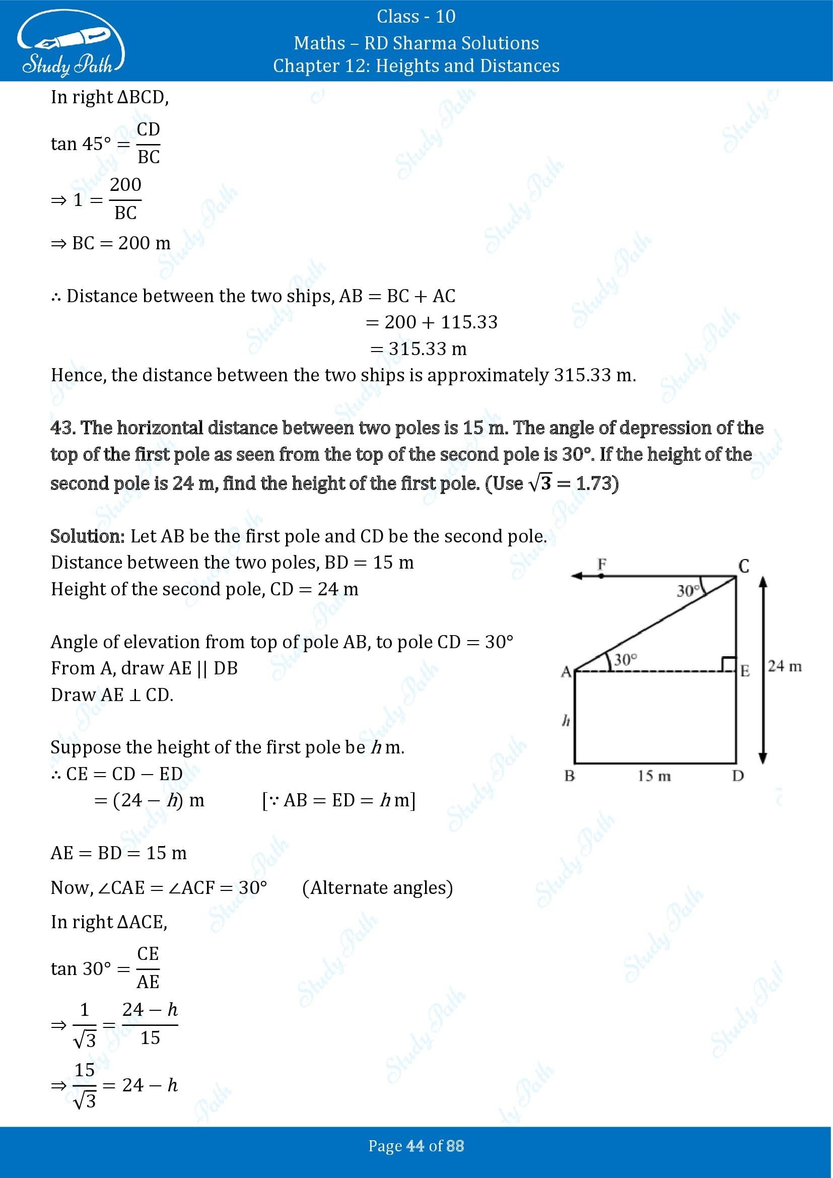 RD Sharma Solutions Class 10 Chapter 12 Heights and Distances Exercise 12.1 00044
