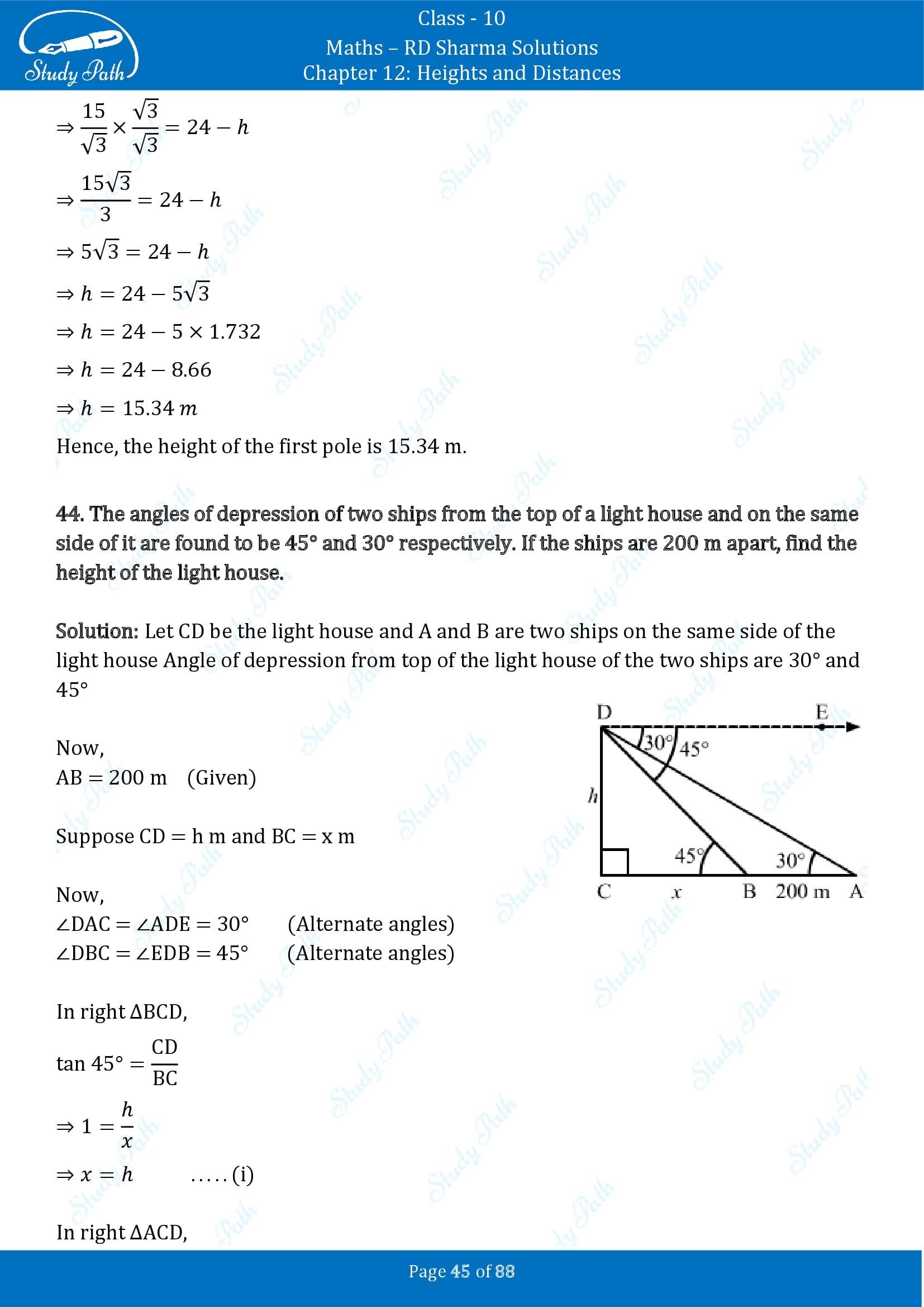 RD Sharma Solutions Class 10 Chapter 12 Heights and Distances Exercise 12.1 00045