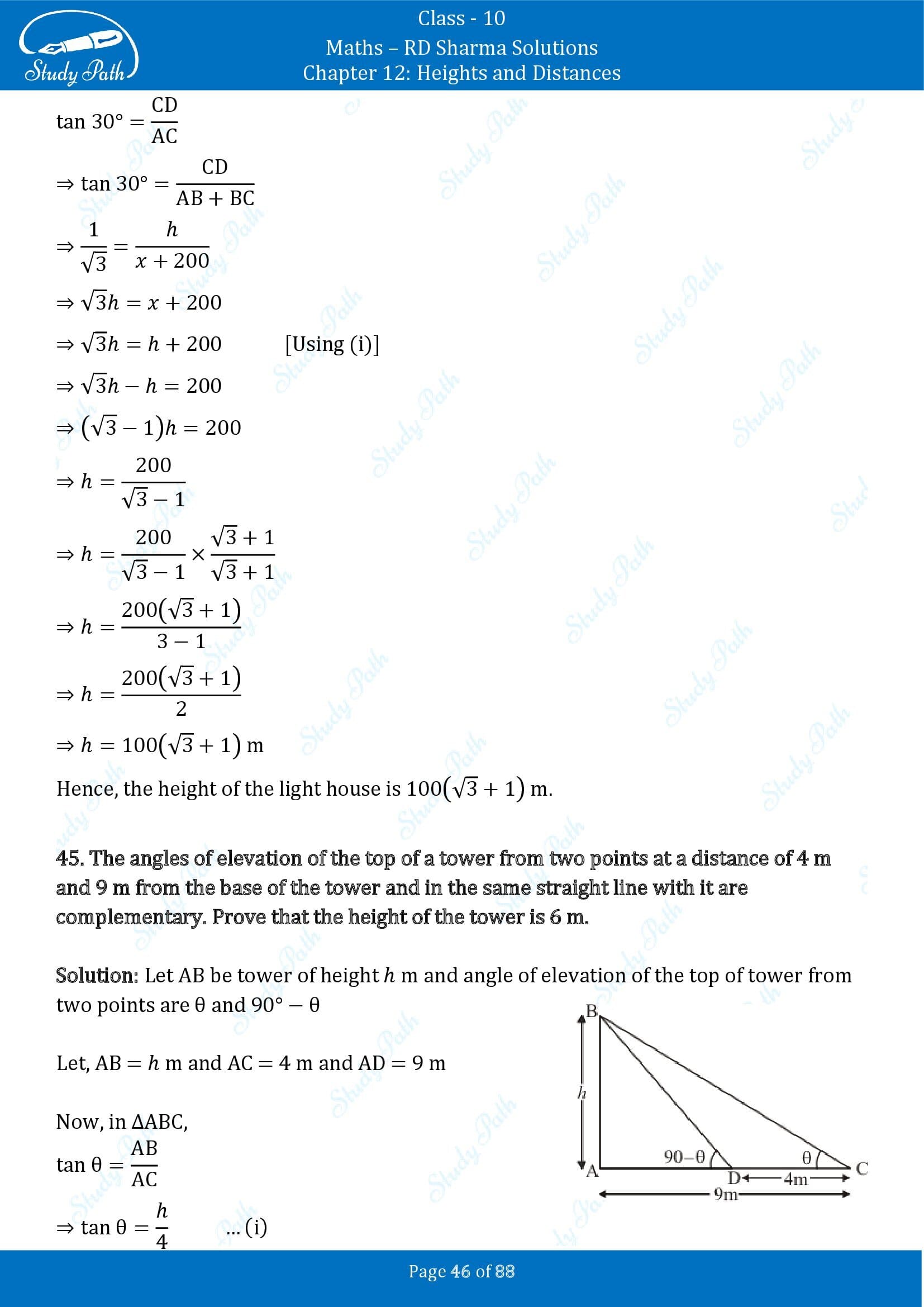 RD Sharma Solutions Class 10 Chapter 12 Heights and Distances Exercise 12.1 00046
