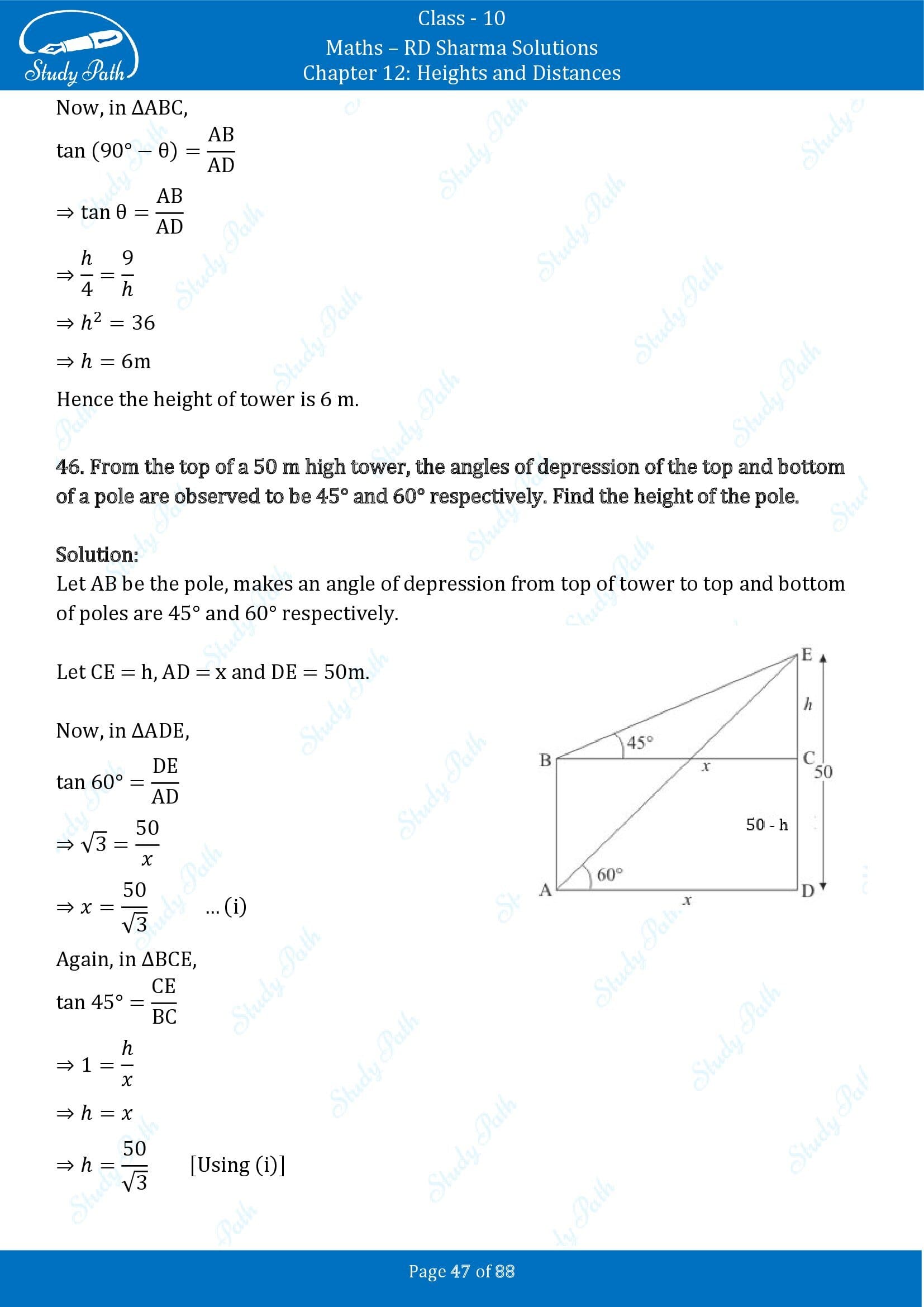 RD Sharma Solutions Class 10 Chapter 12 Heights and Distances Exercise 12.1 00047