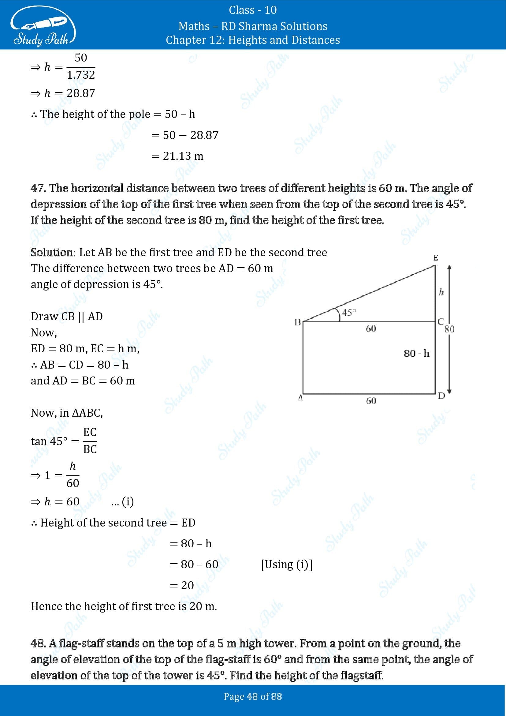 RD Sharma Solutions Class 10 Chapter 12 Heights and Distances Exercise 12.1 00048