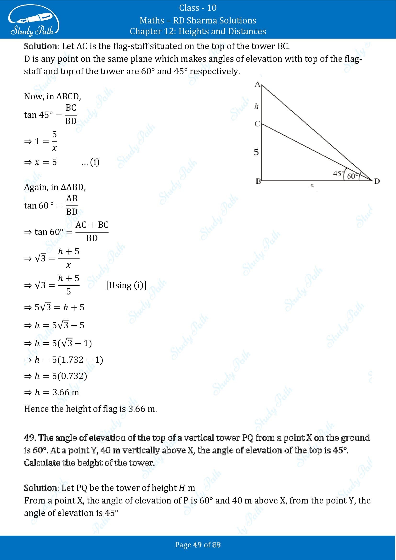 RD Sharma Solutions Class 10 Chapter 12 Heights and Distances Exercise 12.1 00049