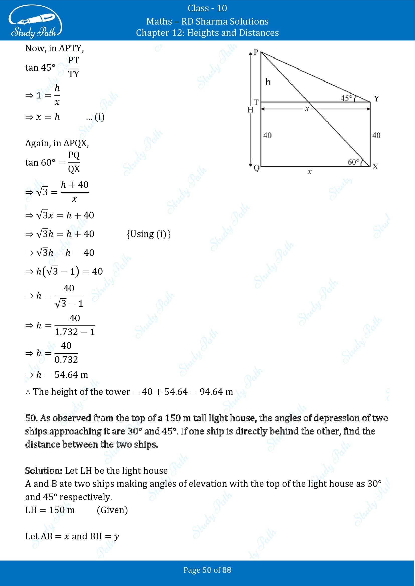 RD Sharma Solutions Class 10 Chapter 12 Heights and Distances Exercise 12.1 00050