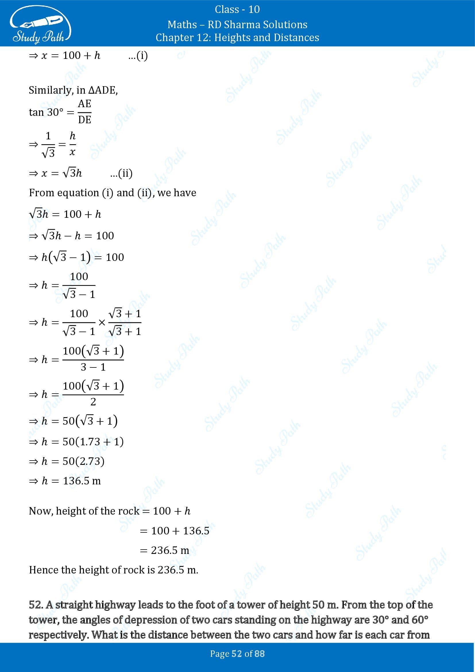 RD Sharma Solutions Class 10 Chapter 12 Heights and Distances Exercise 12.1 00052