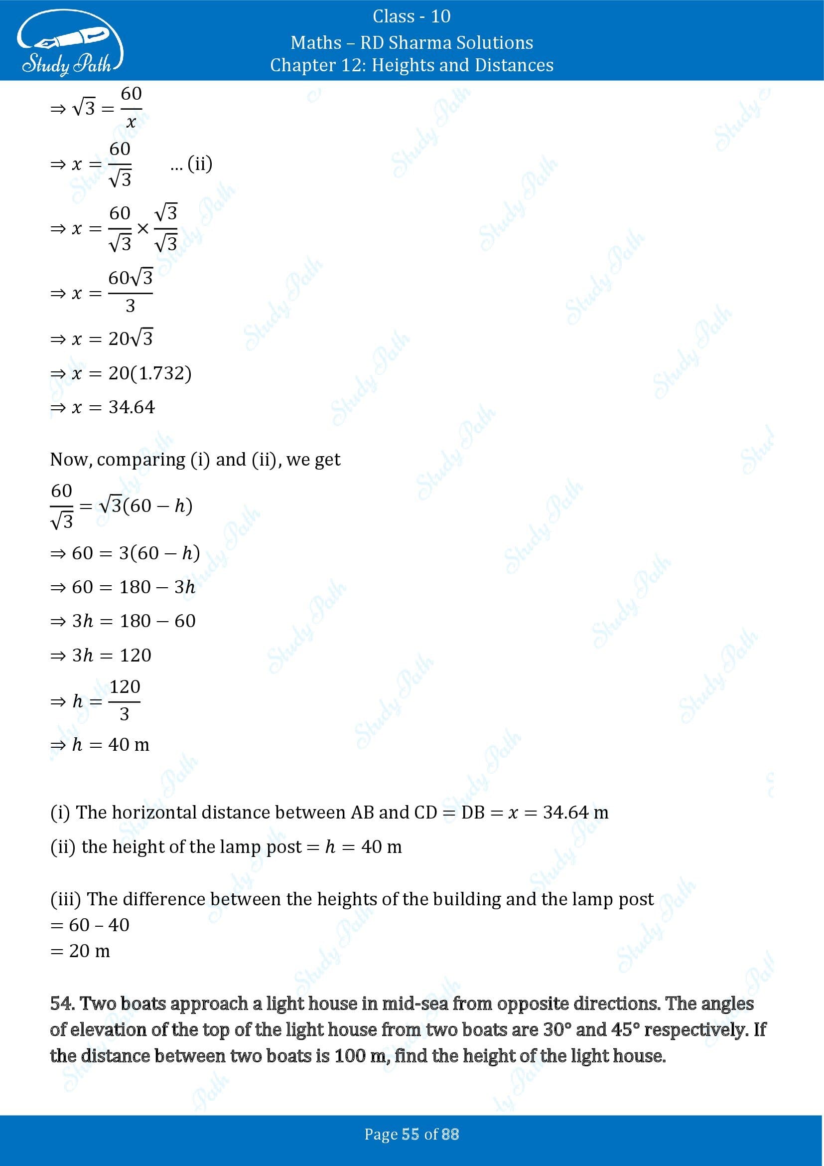 RD Sharma Solutions Class 10 Chapter 12 Heights and Distances Exercise 12.1 00055