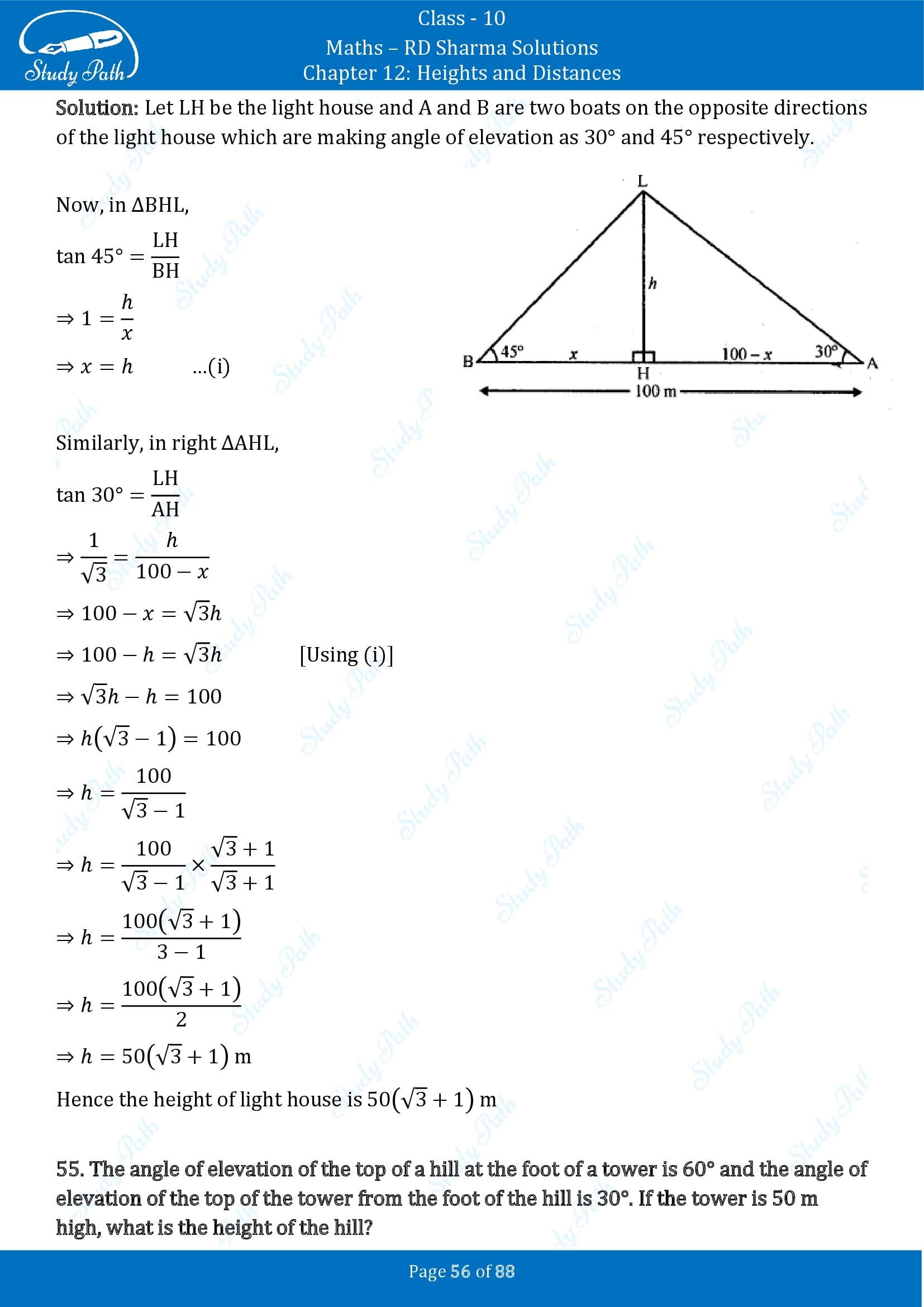 RD Sharma Solutions Class 10 Chapter 12 Heights and Distances Exercise 12.1 00056