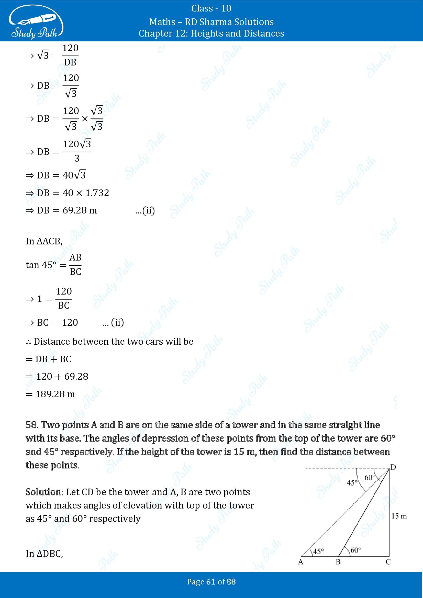 RD Sharma Solutions Class 10 Chapter 12 Heights and Distances Exercise 12.1 00061