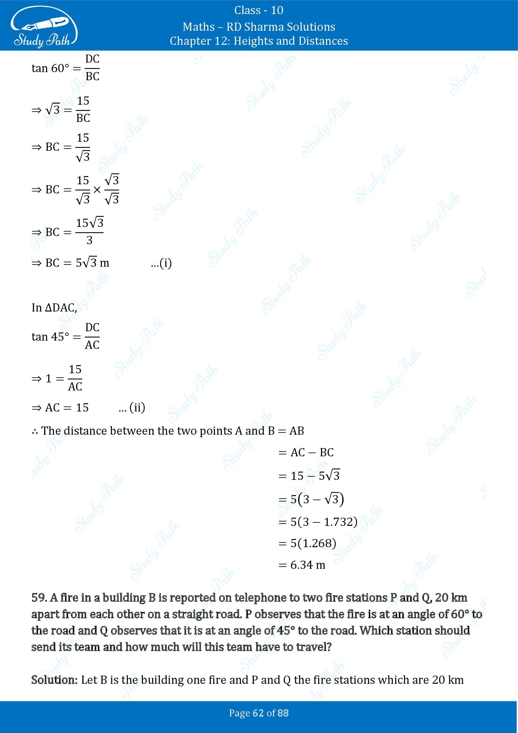 RD Sharma Solutions Class 10 Chapter 12 Heights and Distances Exercise 12.1 00062