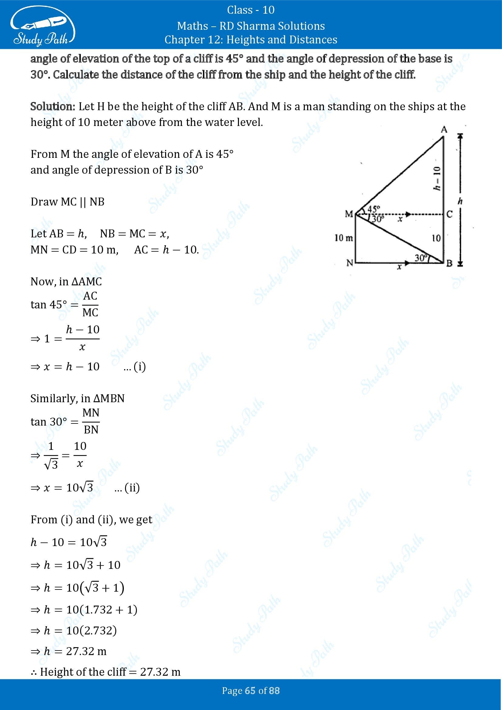 RD Sharma Solutions Class 10 Chapter 12 Heights and Distances Exercise 12.1 00065