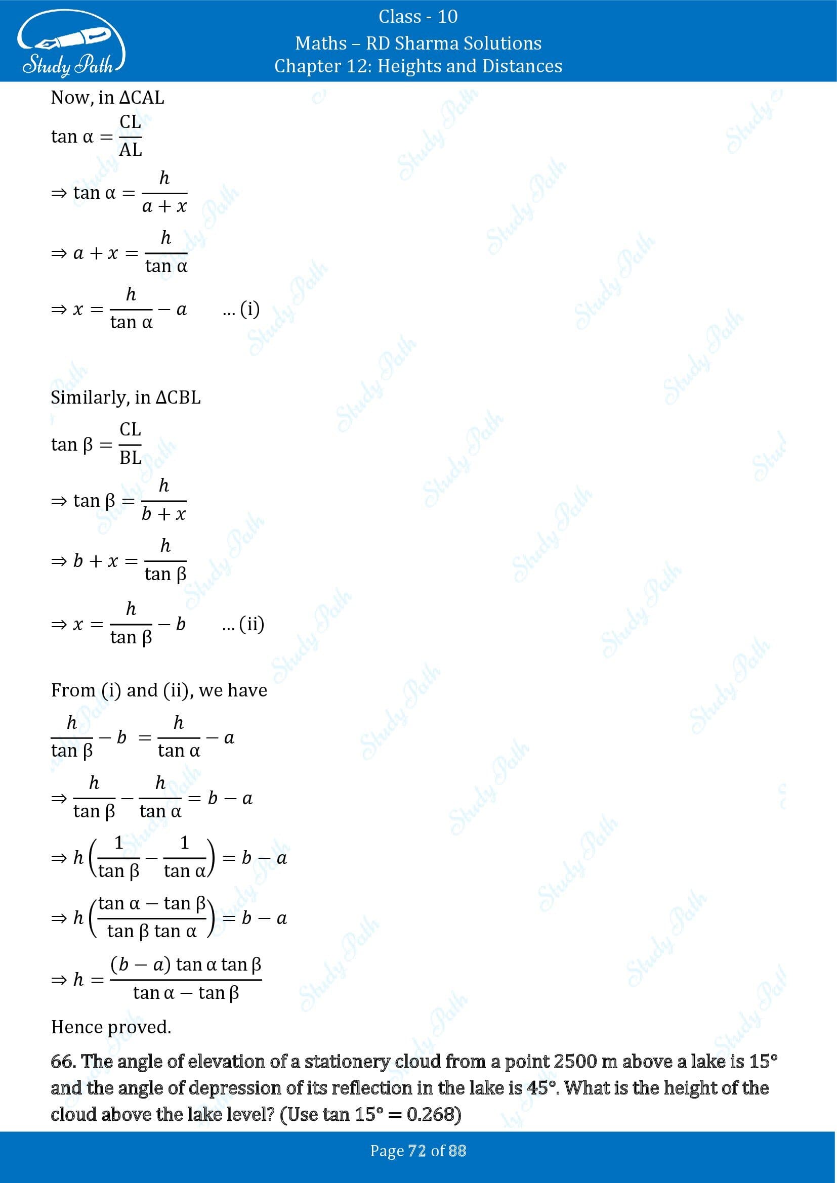 RD Sharma Solutions Class 10 Chapter 12 Heights and Distances Exercise 12.1 00072