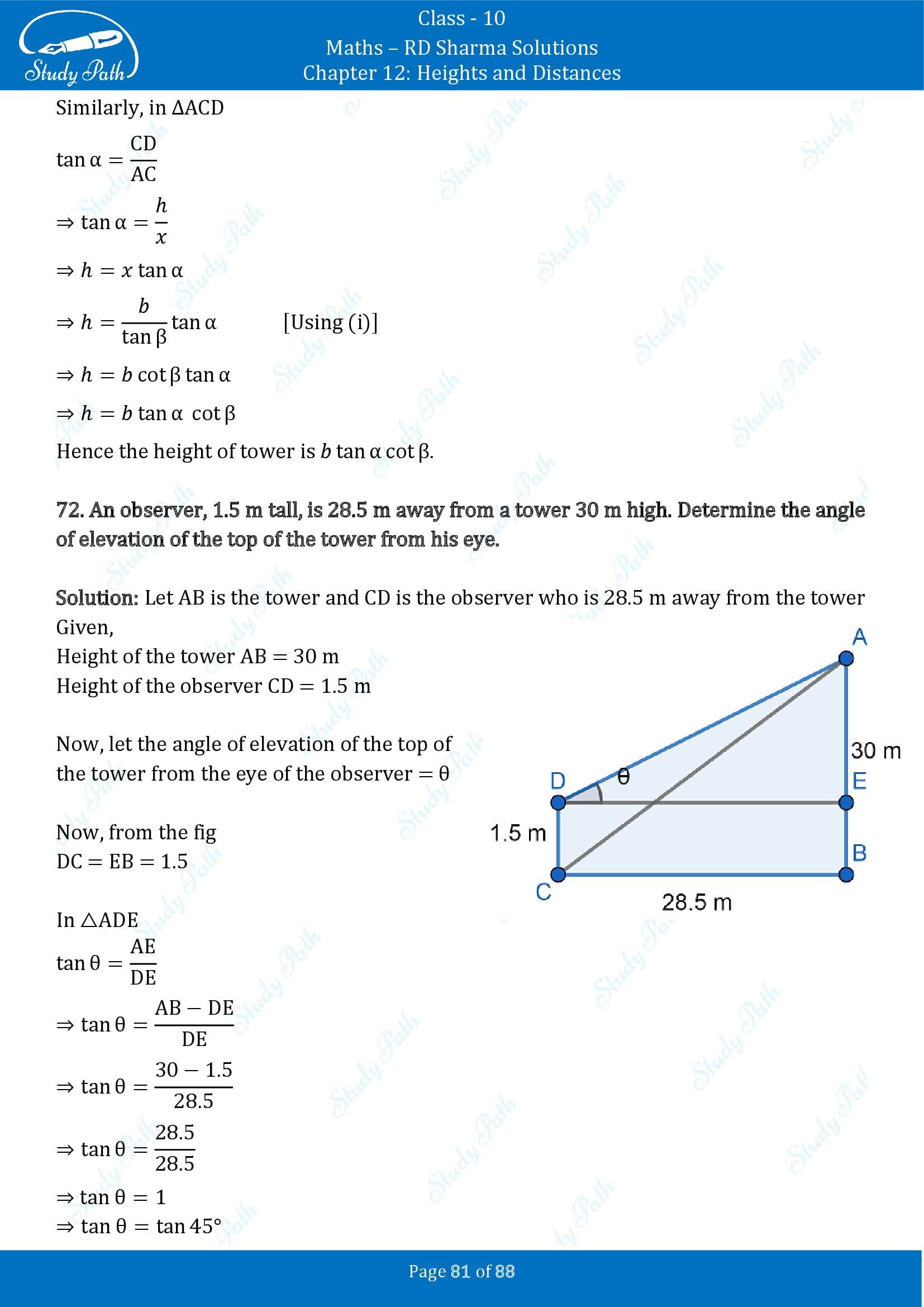 RD Sharma Solutions Class 10 Chapter 12 Heights and Distances Exercise 12.1 00081